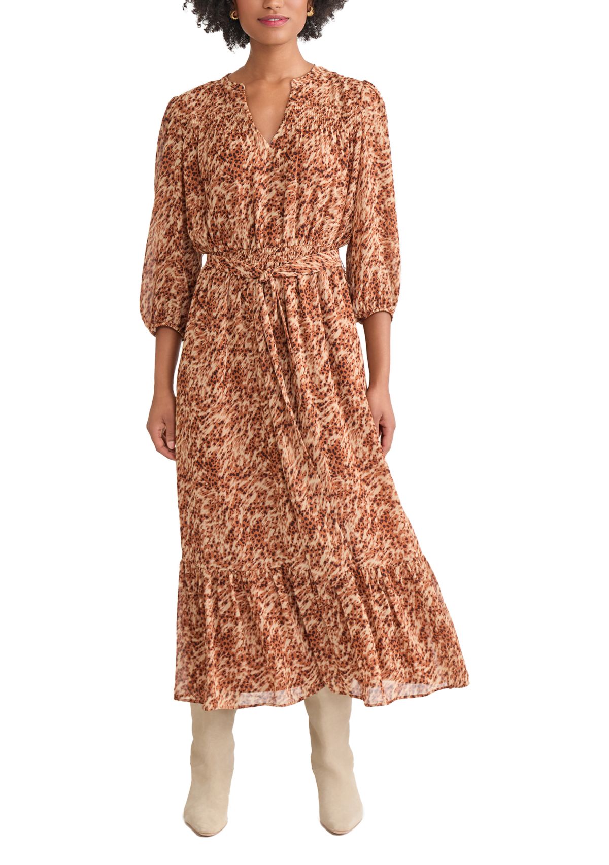 Womens Balloon Sleeve Printed Tiered Maxi Dress