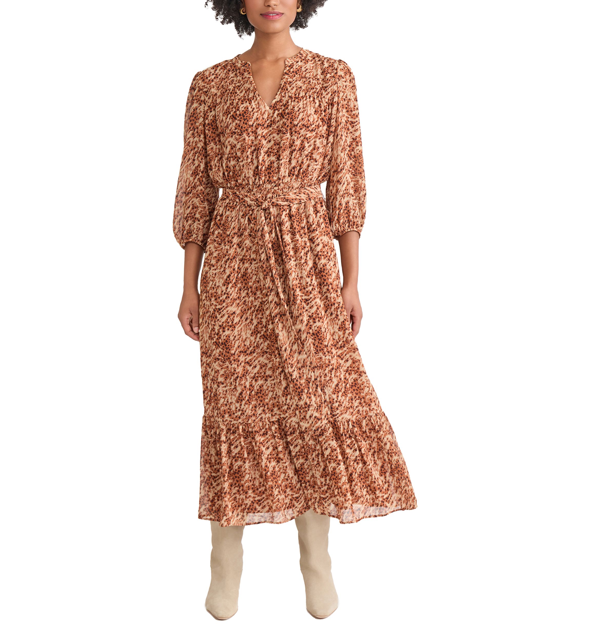 Womens Balloon Sleeve Printed Tiered Maxi Dress