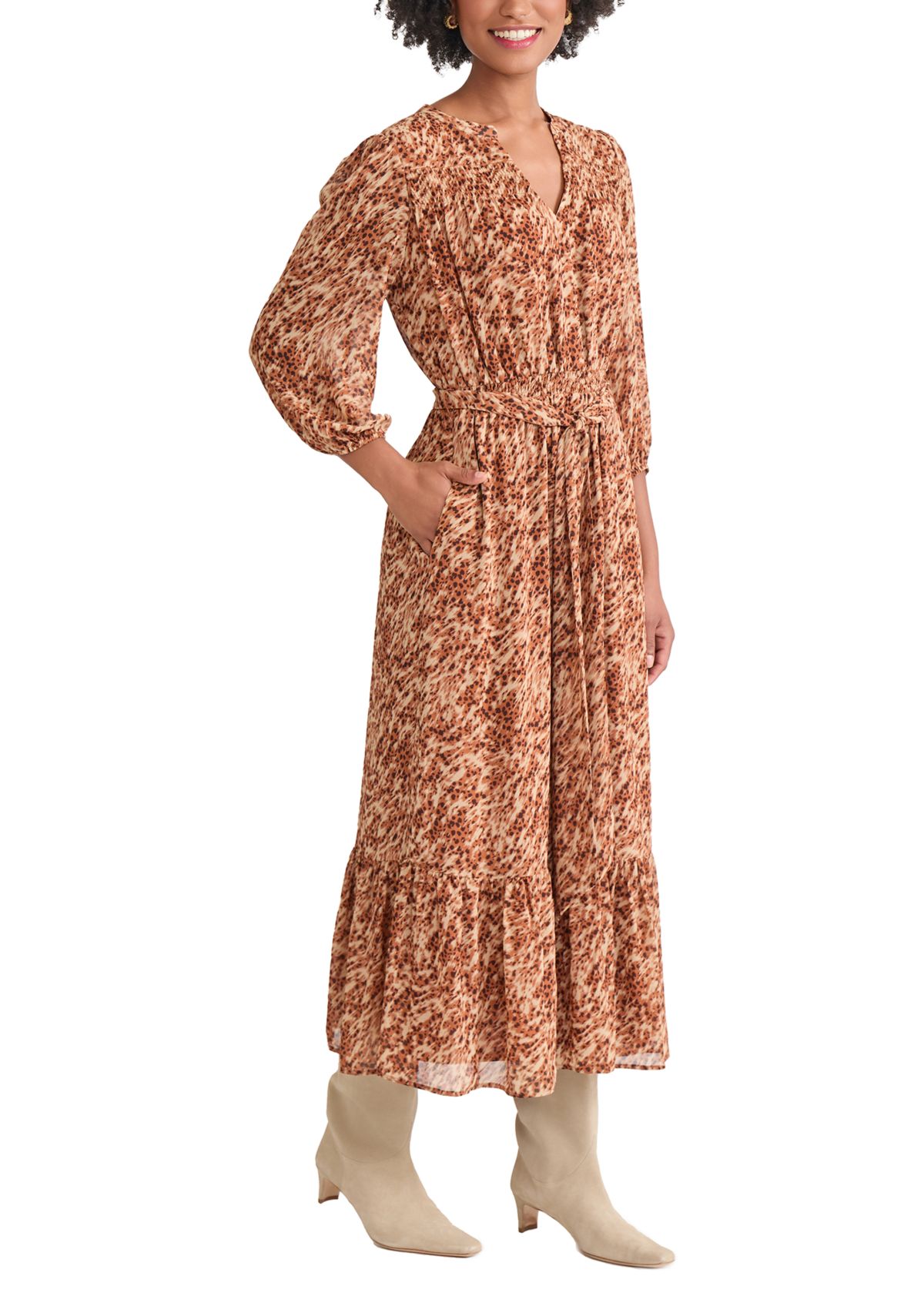 Womens Balloon Sleeve Printed Tiered Maxi Dress