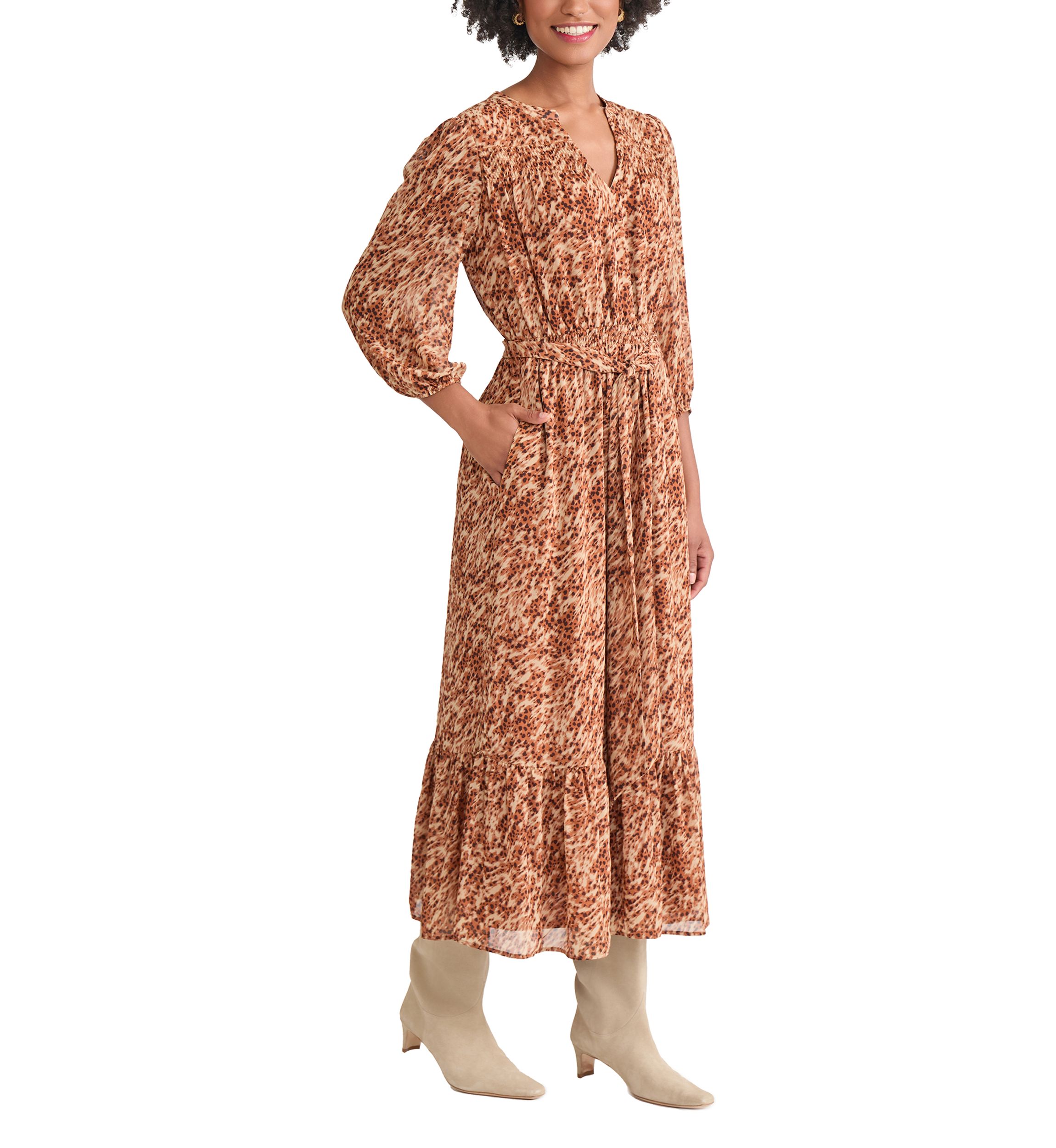 Womens Balloon Sleeve Printed Tiered Maxi Dress
