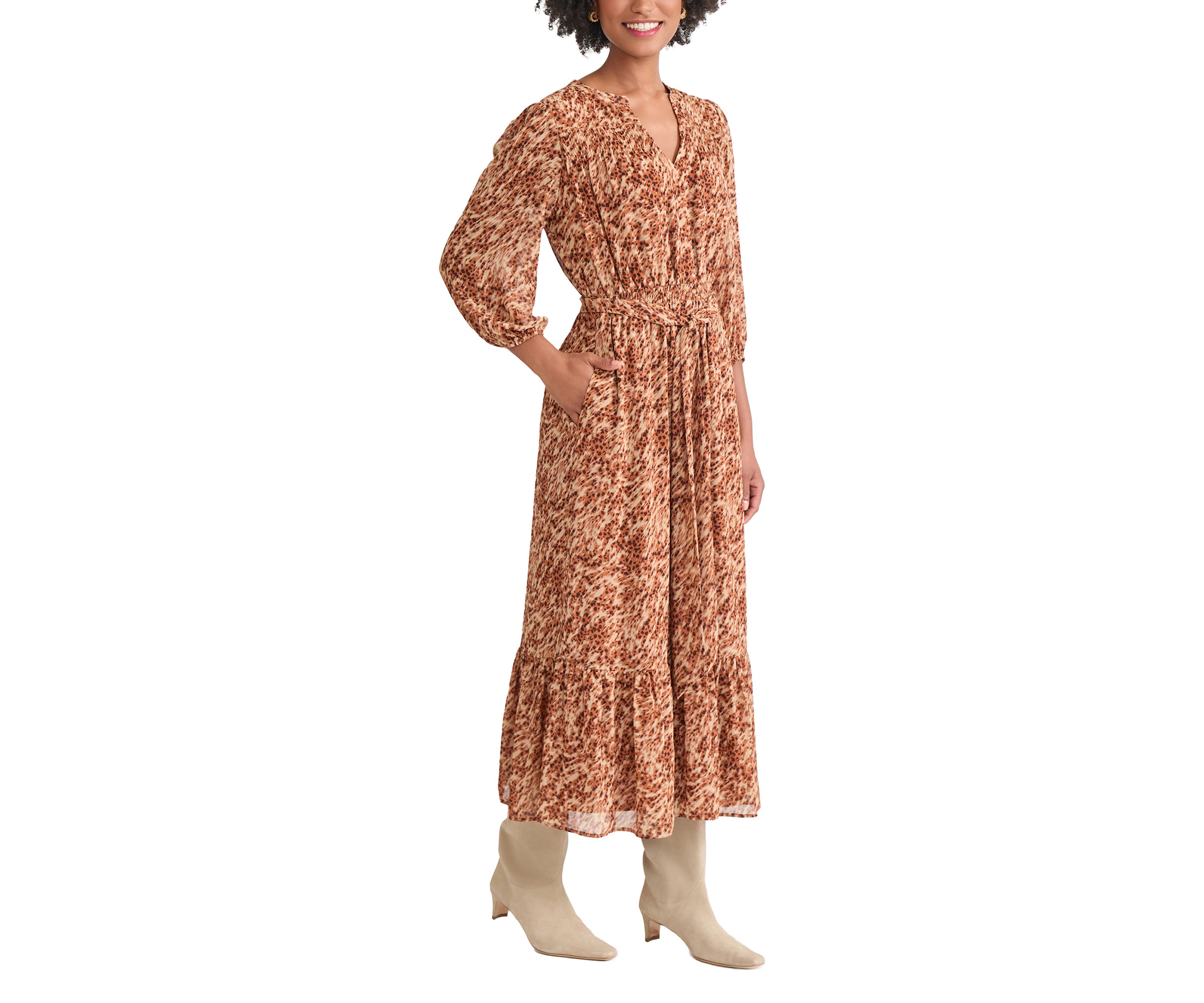 Womens Balloon Sleeve Printed Tiered Maxi Dress