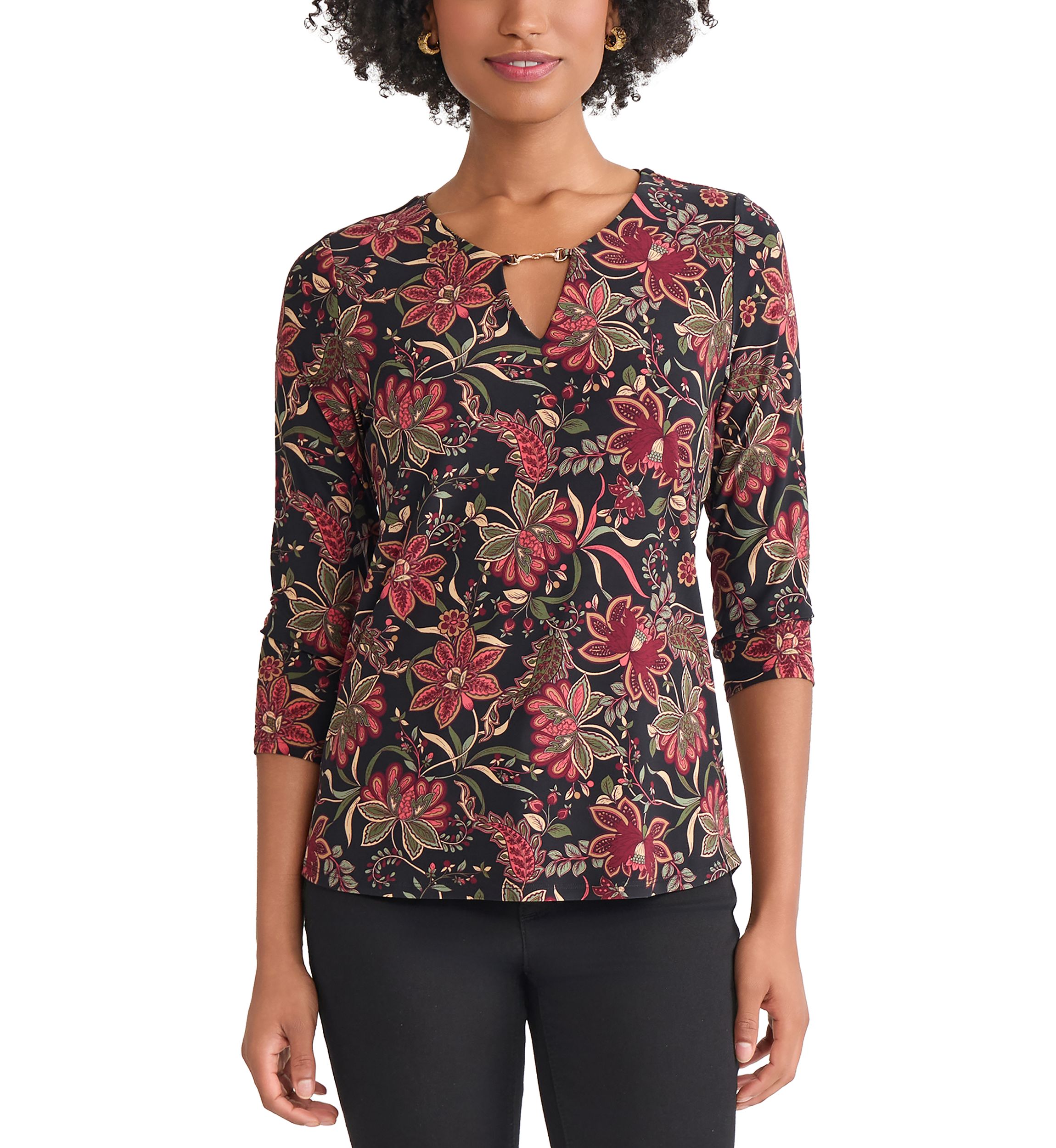 Womens 3/4 Sleeve Keyhole Neck Floral Top with Trim