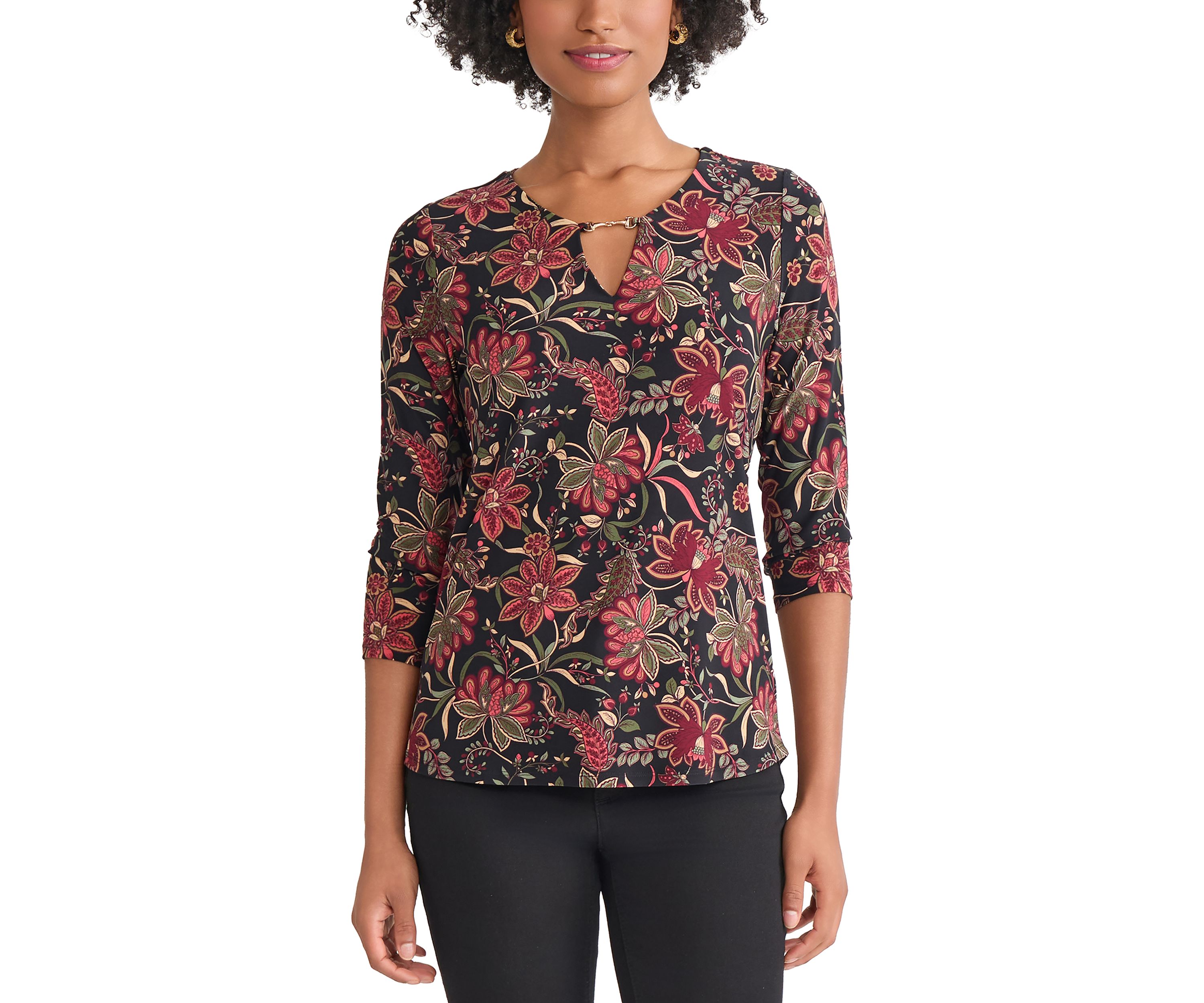 Womens 3/4 Sleeve Keyhole Neck Floral Top with Trim