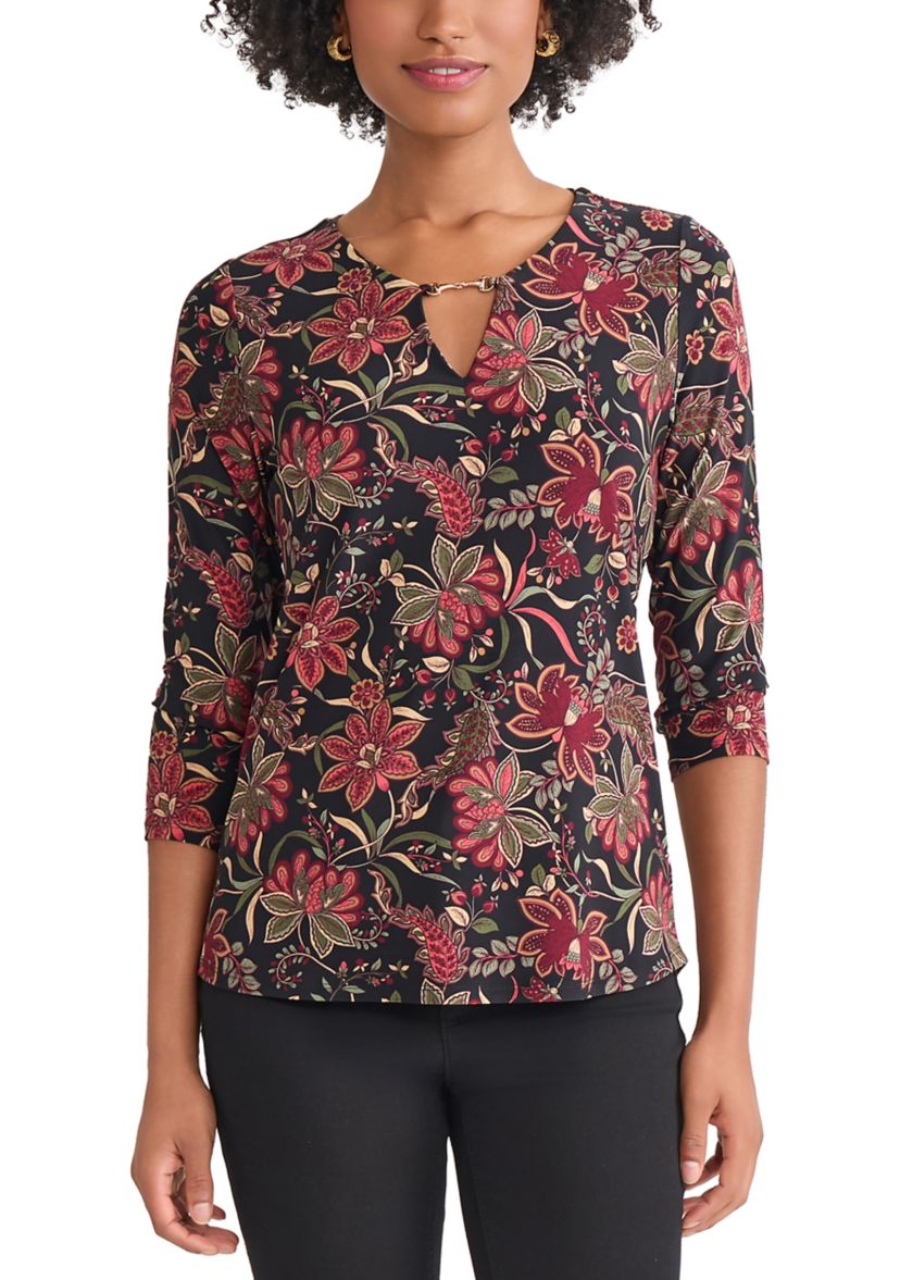 Womens 3/4 Sleeve Keyhole Neck Floral Top with Trim