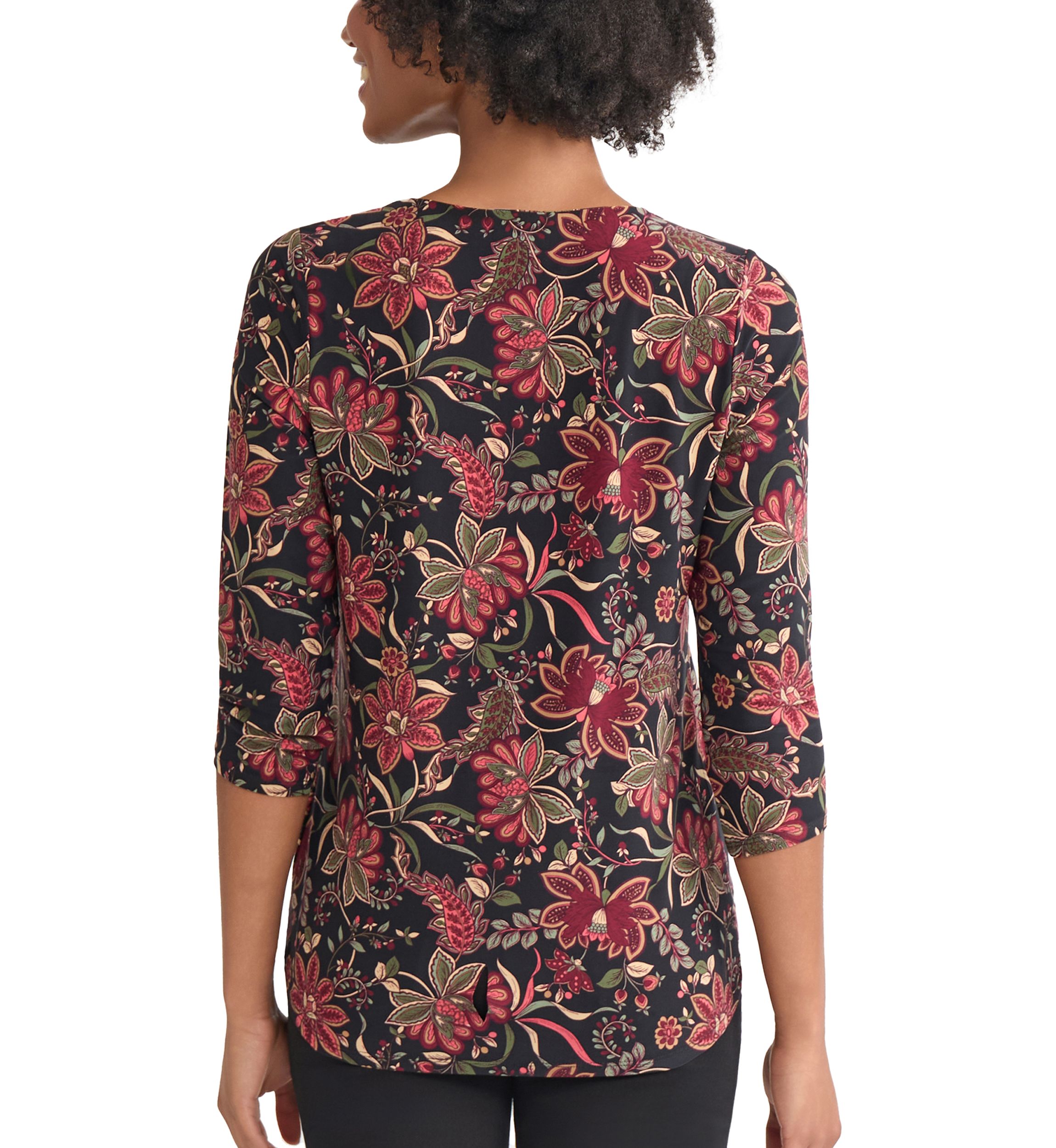 Womens 3/4 Sleeve Keyhole Neck Floral Top with Trim