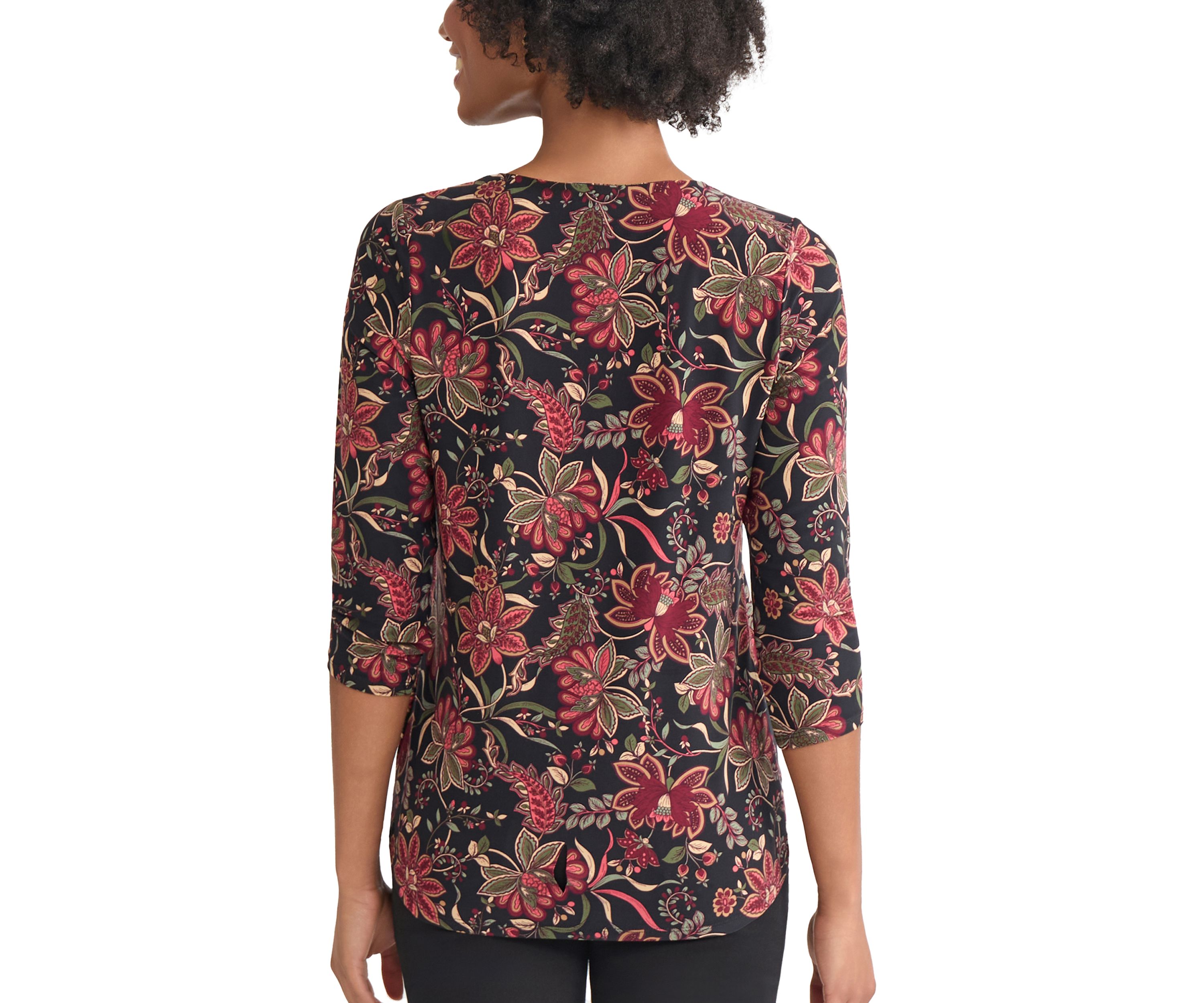Womens 3/4 Sleeve Keyhole Neck Floral Top with Trim