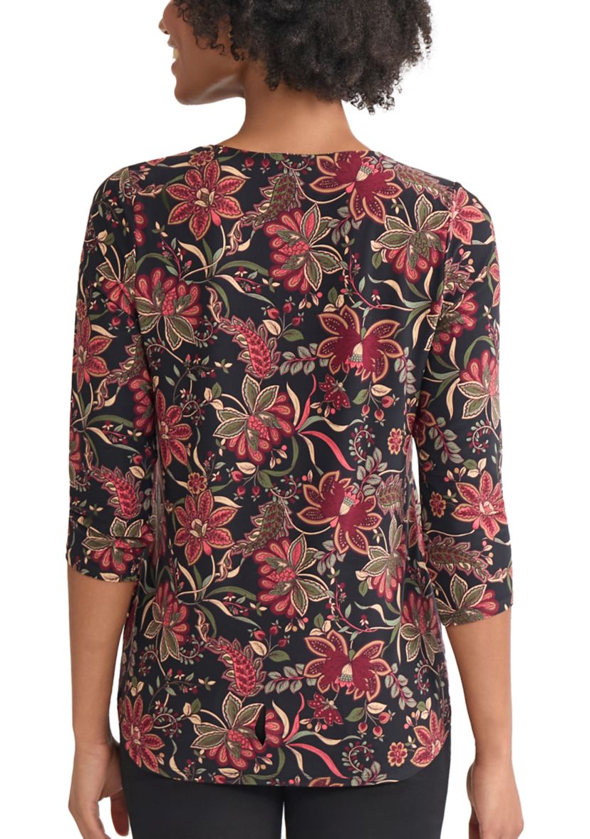 Womens 3/4 Sleeve Keyhole Neck Floral Top with Trim