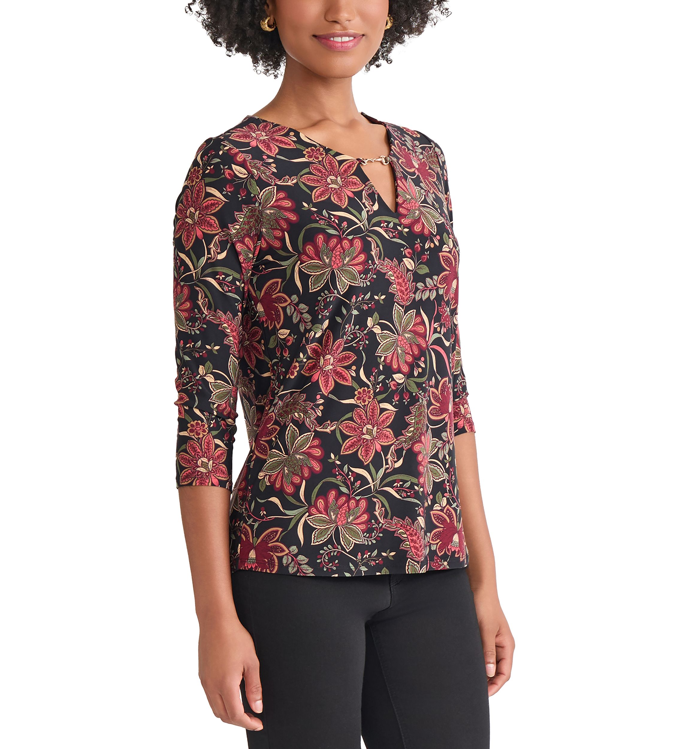 Womens 3/4 Sleeve Keyhole Neck Floral Top with Trim