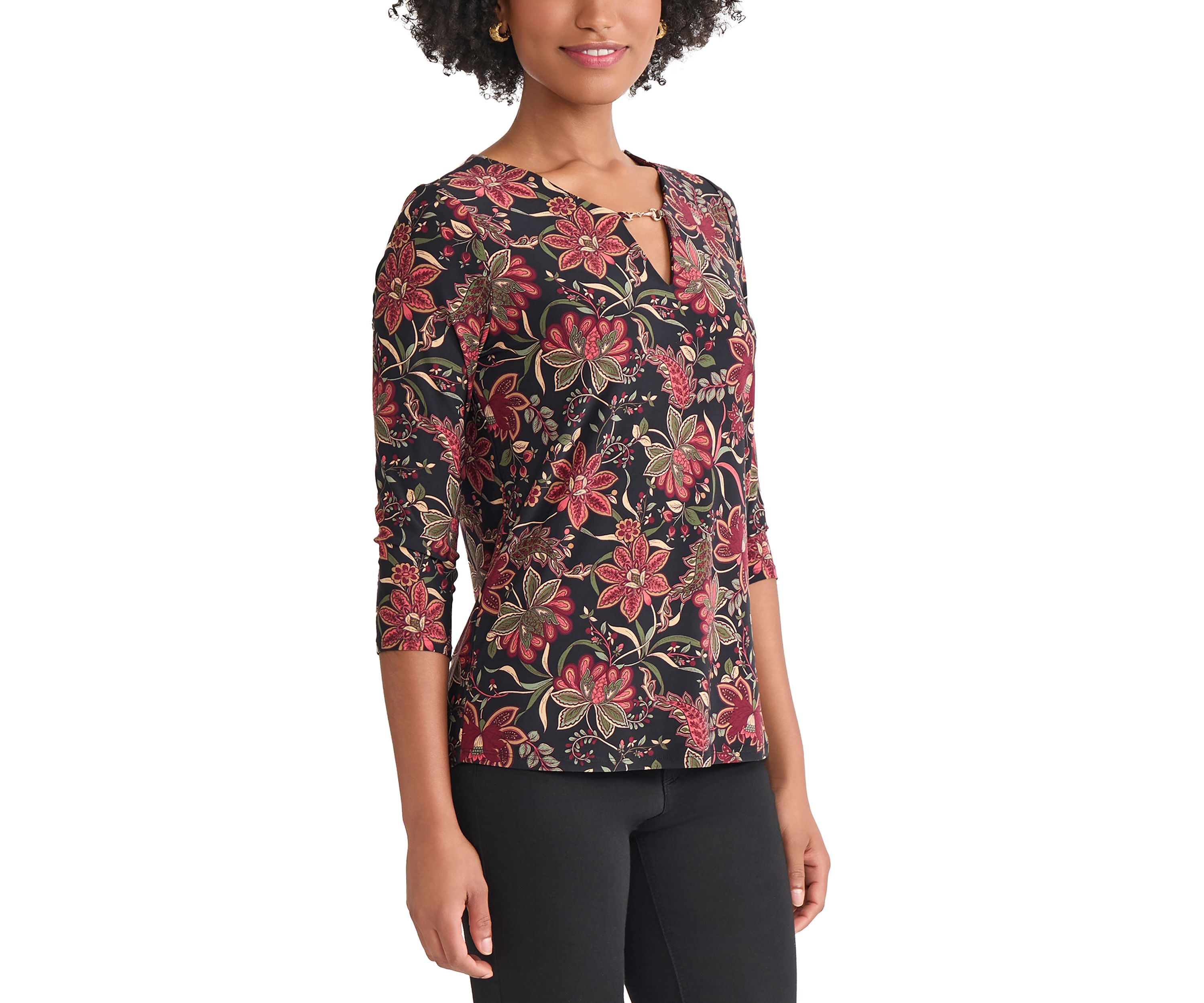 Womens 3/4 Sleeve Keyhole Neck Floral Top with Trim