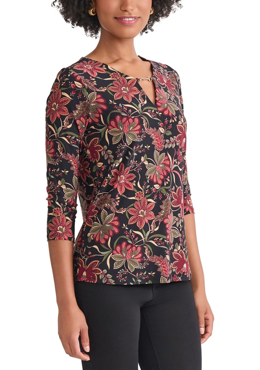 Womens 3/4 Sleeve Keyhole Neck Floral Top with Trim