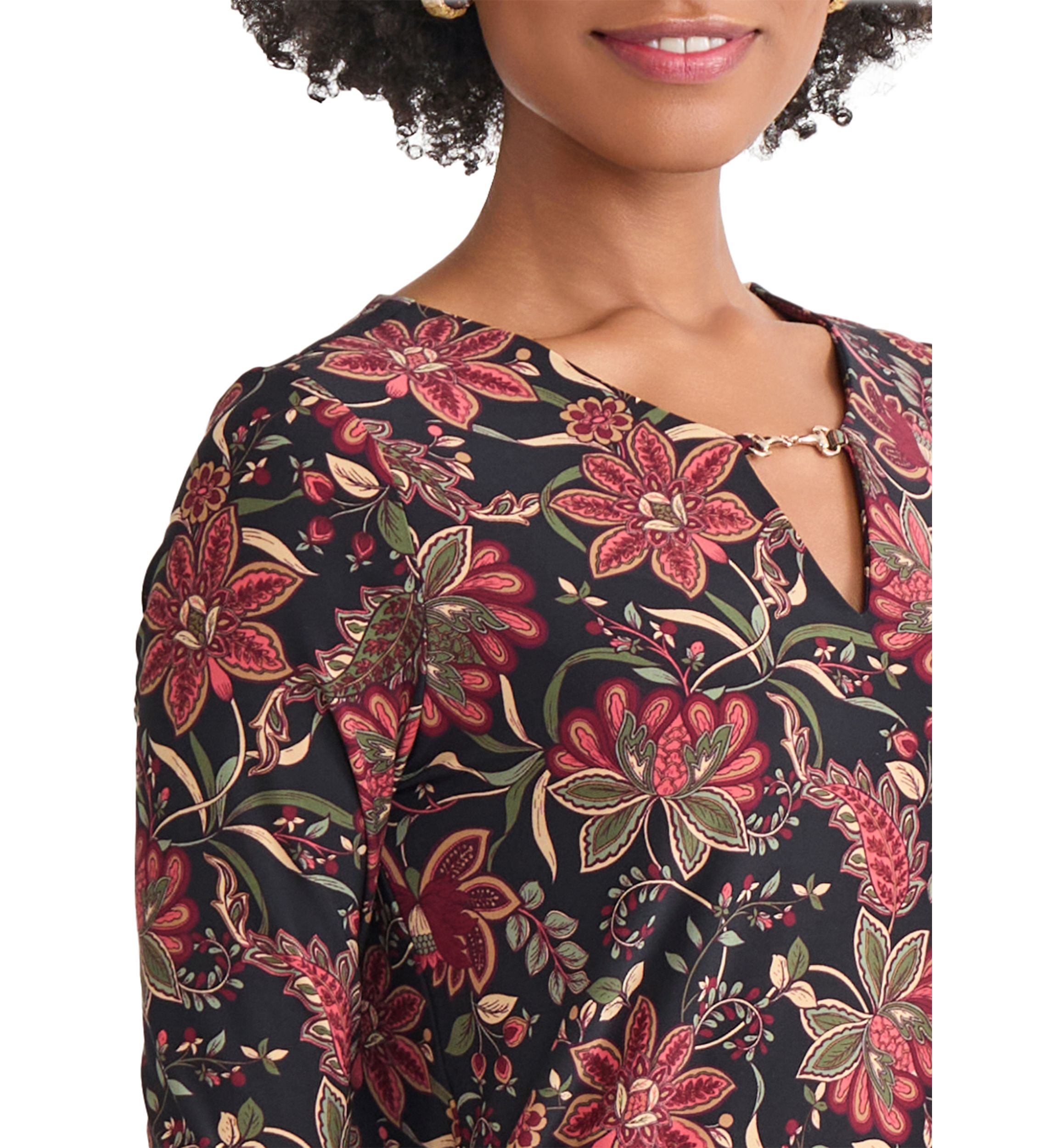 Womens 3/4 Sleeve Keyhole Neck Floral Top with Trim