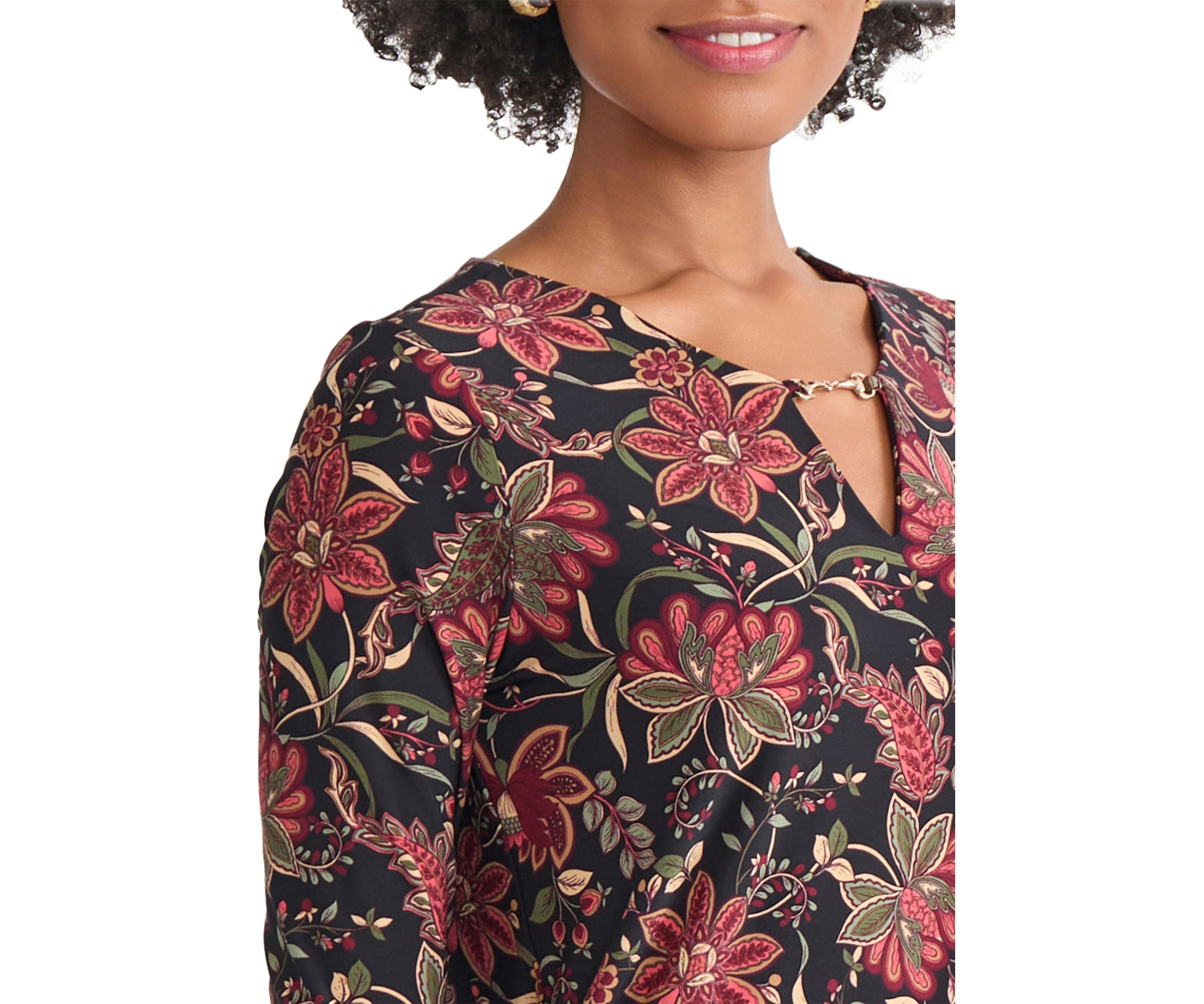 Womens 3/4 Sleeve Keyhole Neck Floral Top with Trim