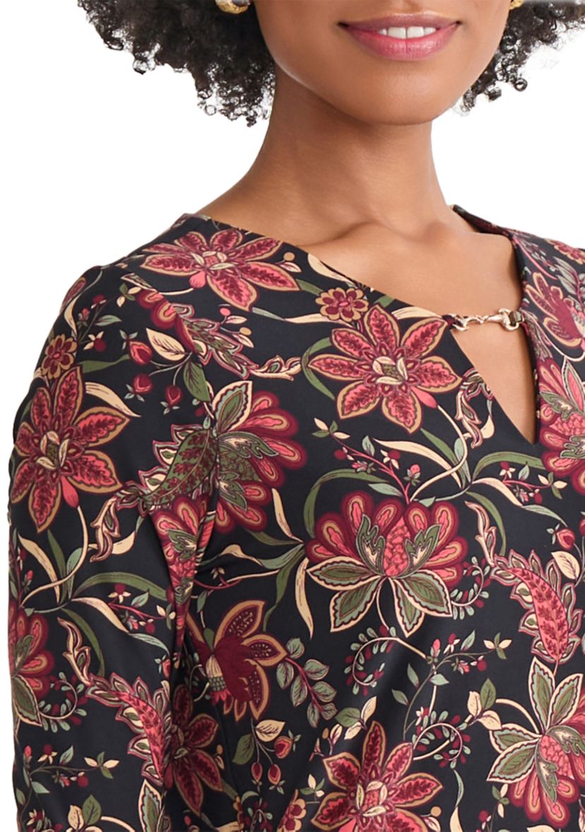 Womens 3/4 Sleeve Keyhole Neck Floral Top with Trim