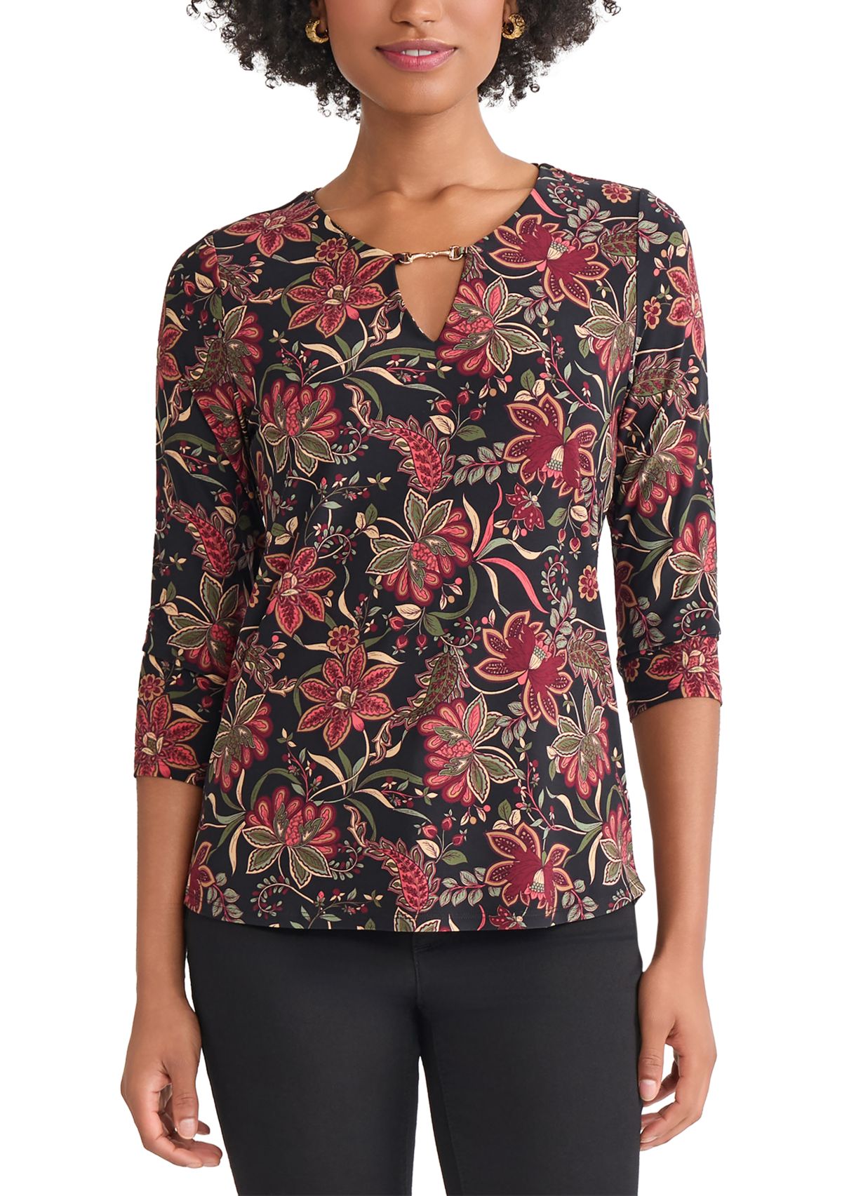 Petite 3/4 Sleeve Keyhole Neck Top with Trim 