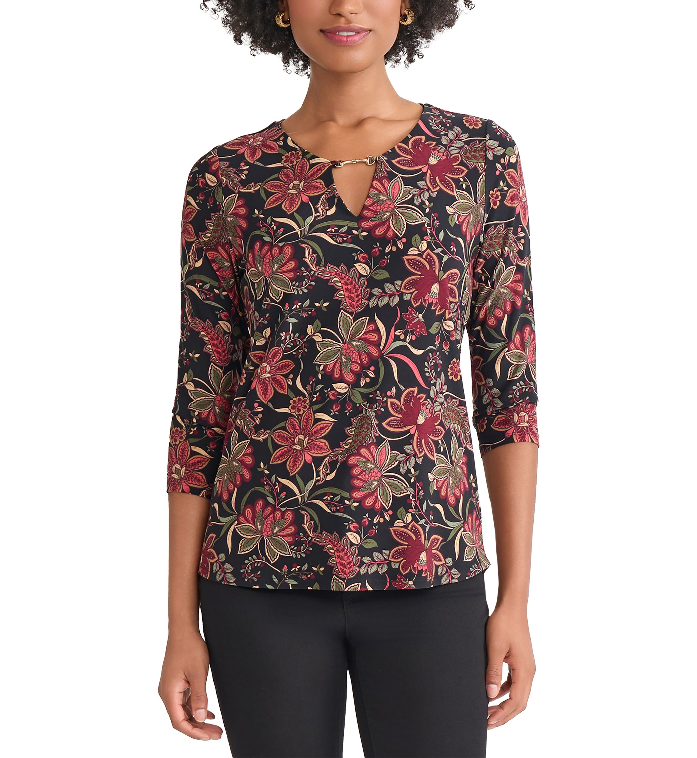 Petite 3/4 Sleeve Keyhole Neck Top with Trim 