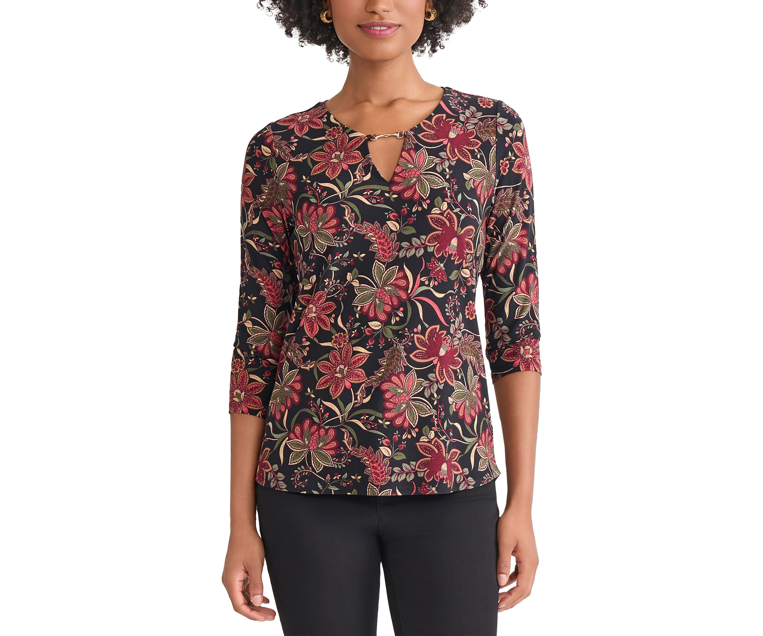 Petite 3/4 Sleeve Keyhole Neck Top with Trim 