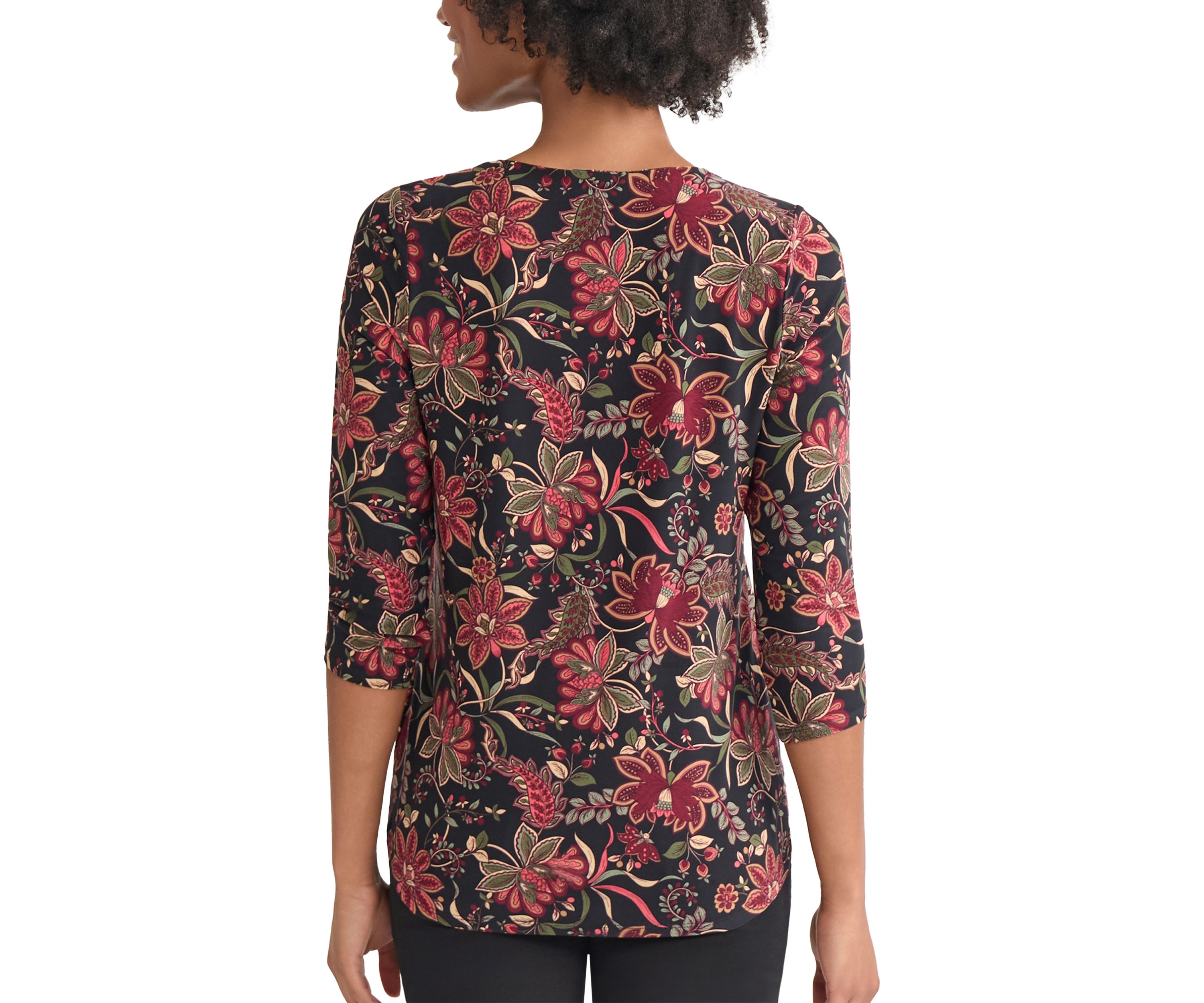 Petite 3/4 Sleeve Keyhole Neck Top with Trim 