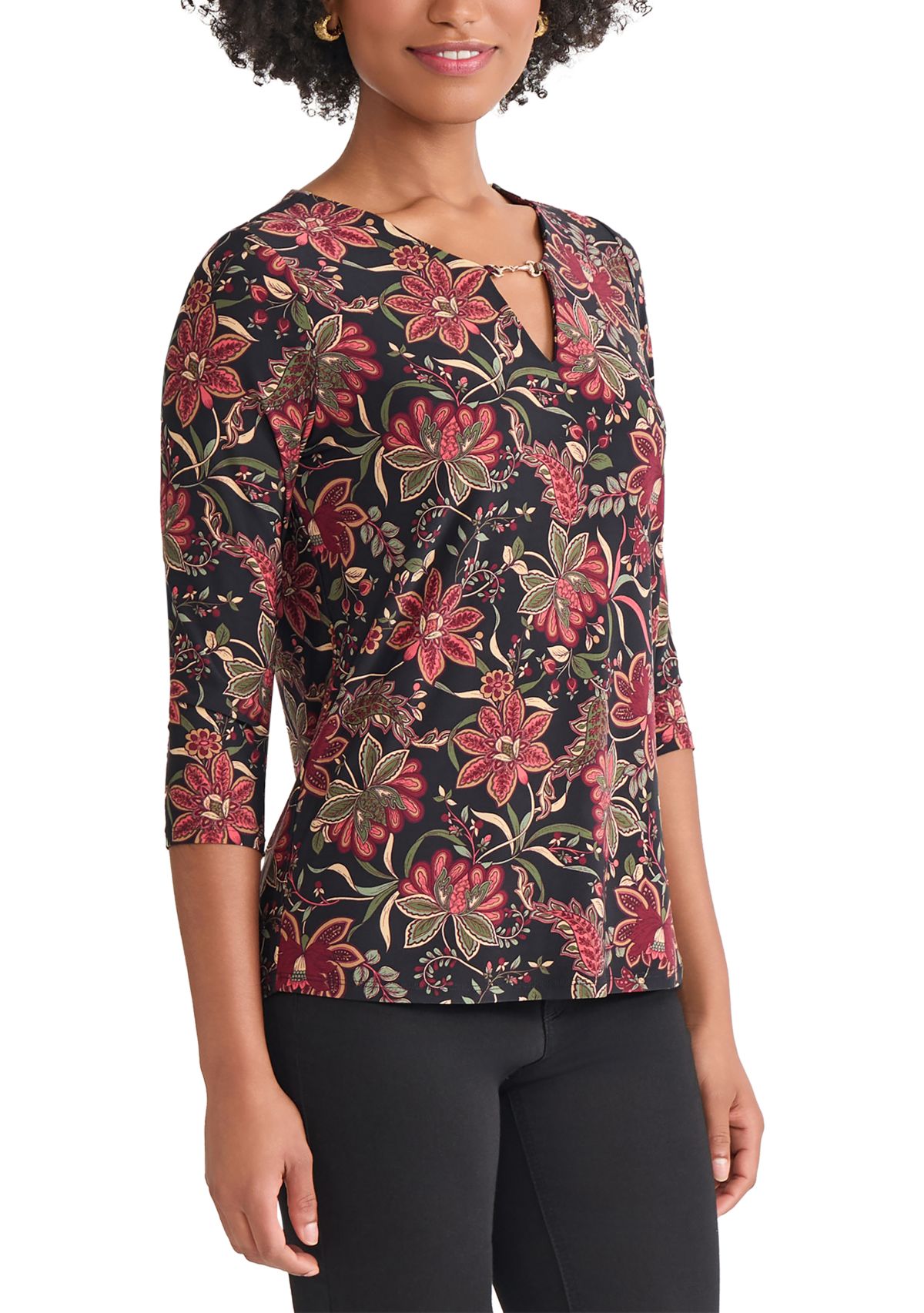 Petite 3/4 Sleeve Keyhole Neck Top with Trim 