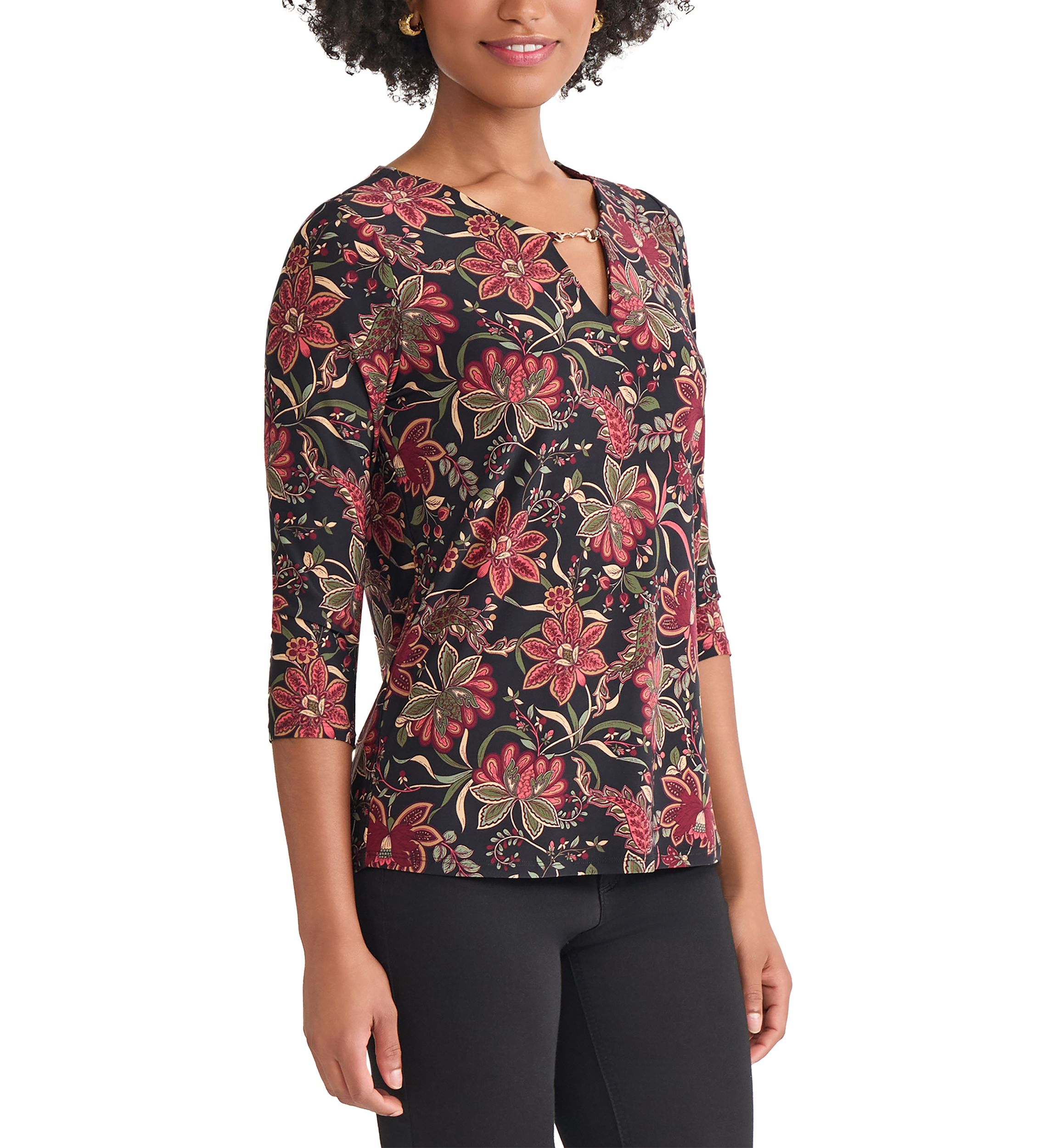 Petite 3/4 Sleeve Keyhole Neck Top with Trim 