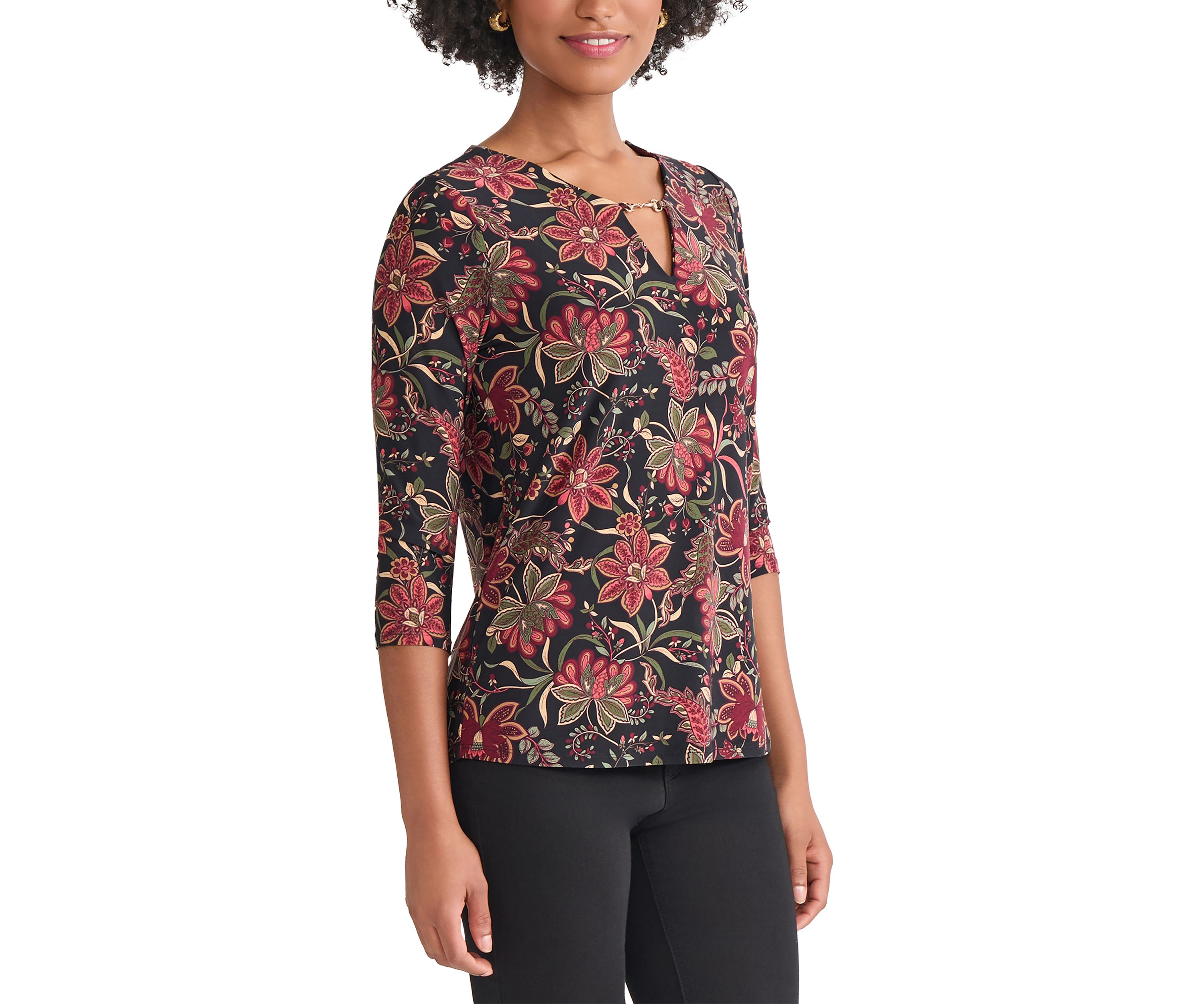 Petite 3/4 Sleeve Keyhole Neck Top with Trim 