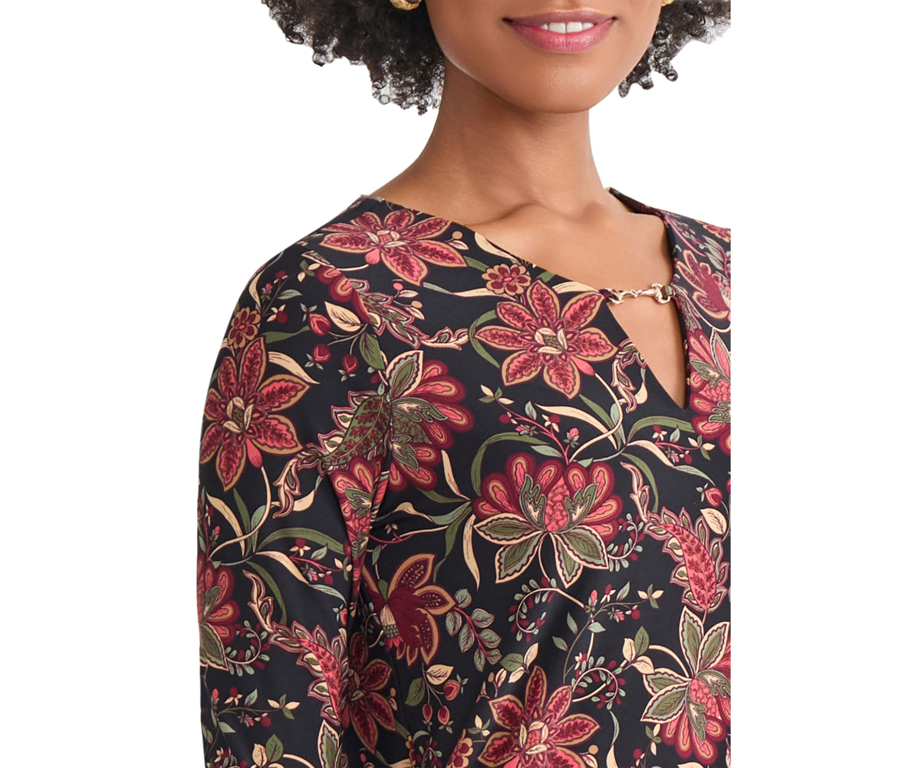 Petite 3/4 Sleeve Keyhole Neck Top with Trim 