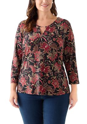 JONES NEW YORK Women's Plus Size Printed 3/4 Sleeve V-Neck Top with Trim