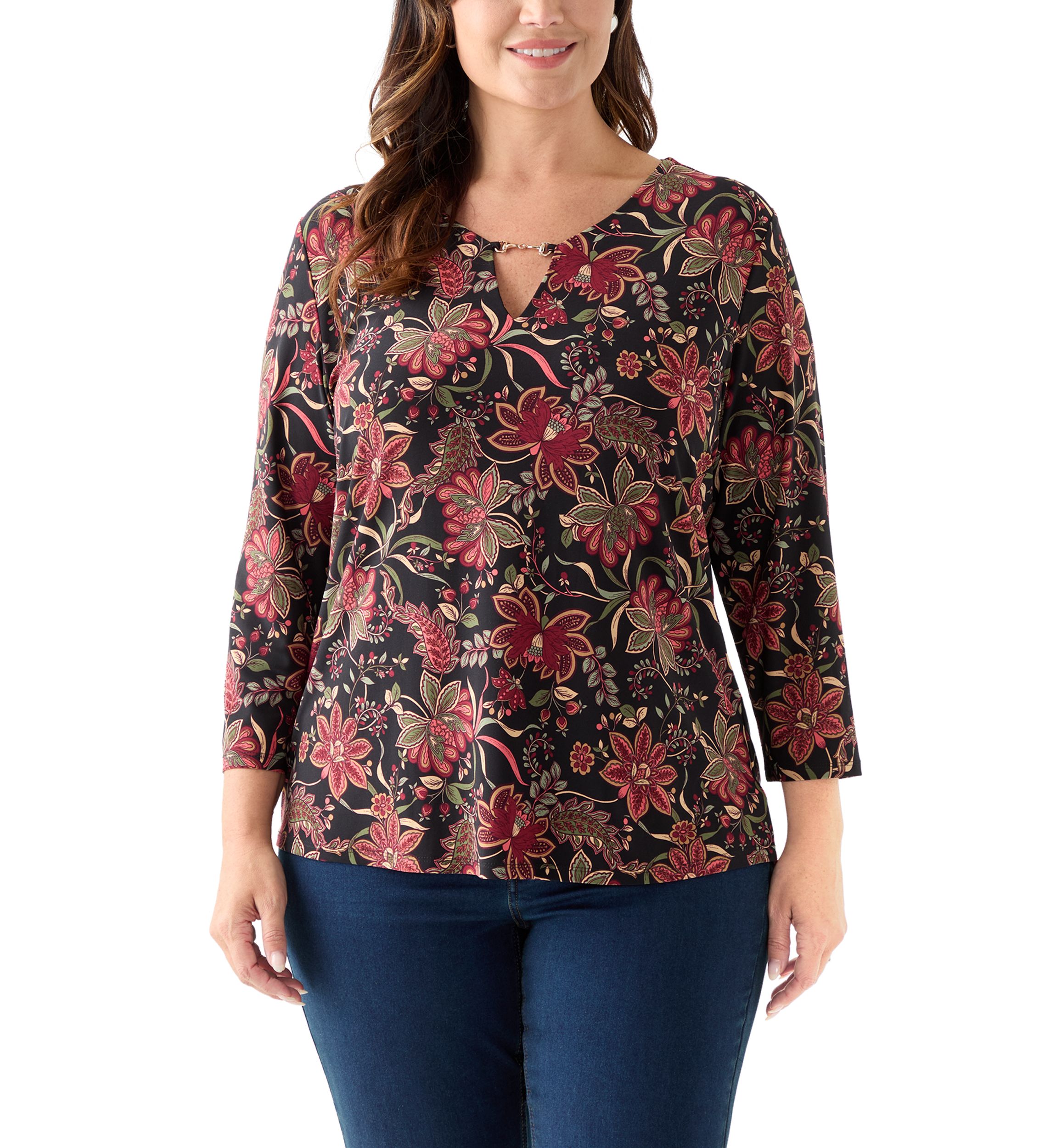 Plus Size Printed 3/4 Sleeve V-Neck Top with Trim