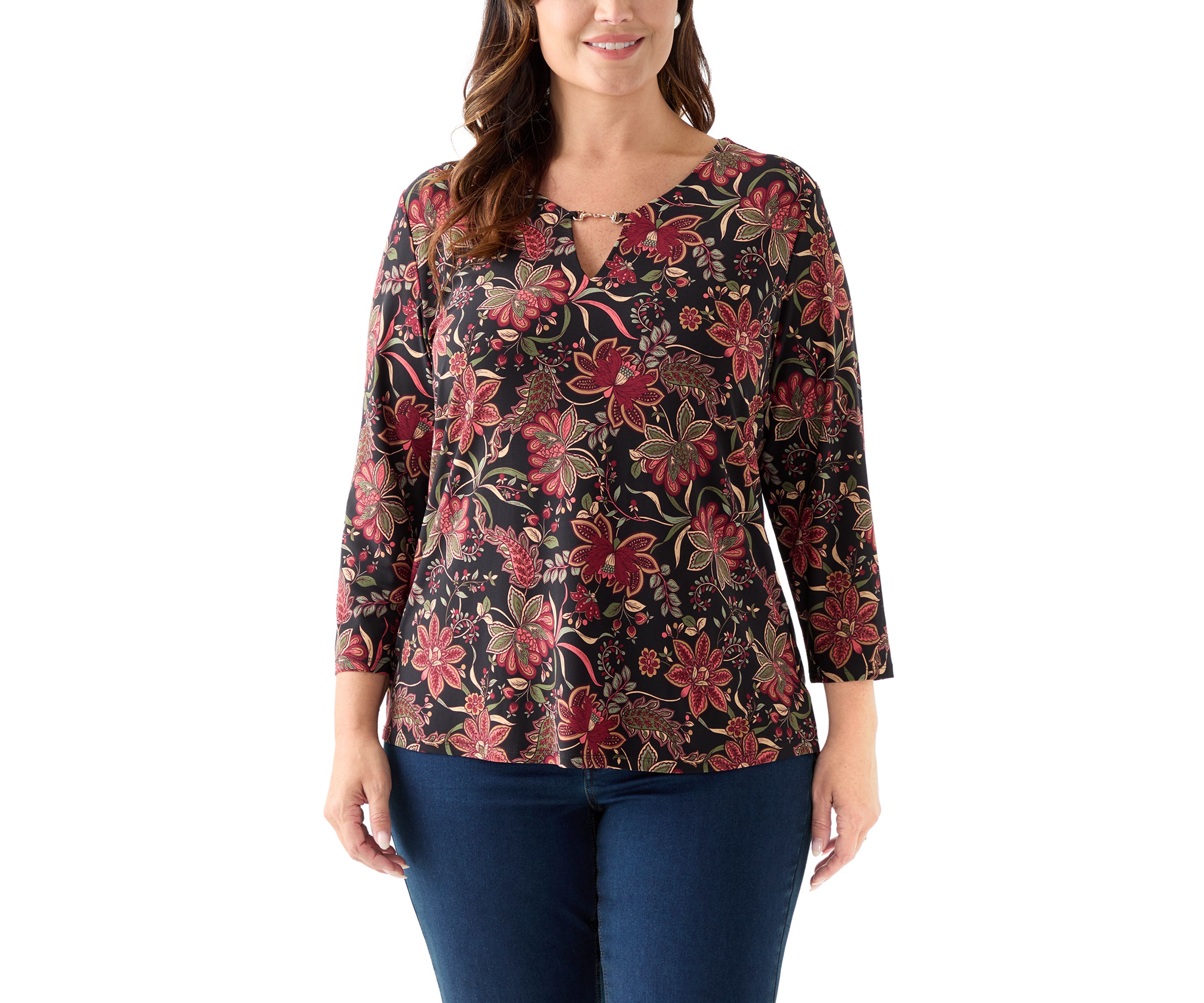 Plus Size Printed 3/4 Sleeve V-Neck Top with Trim