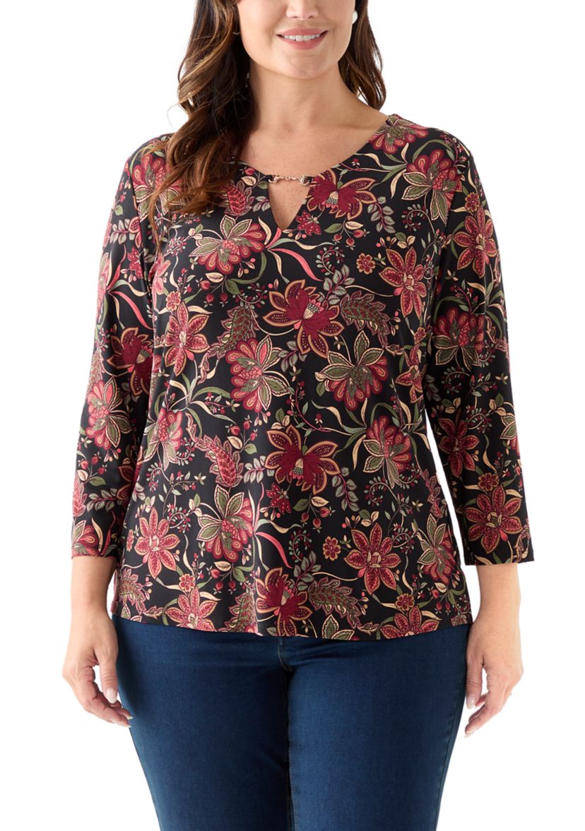 Plus Size Printed 3/4 Sleeve V-Neck Top with Trim