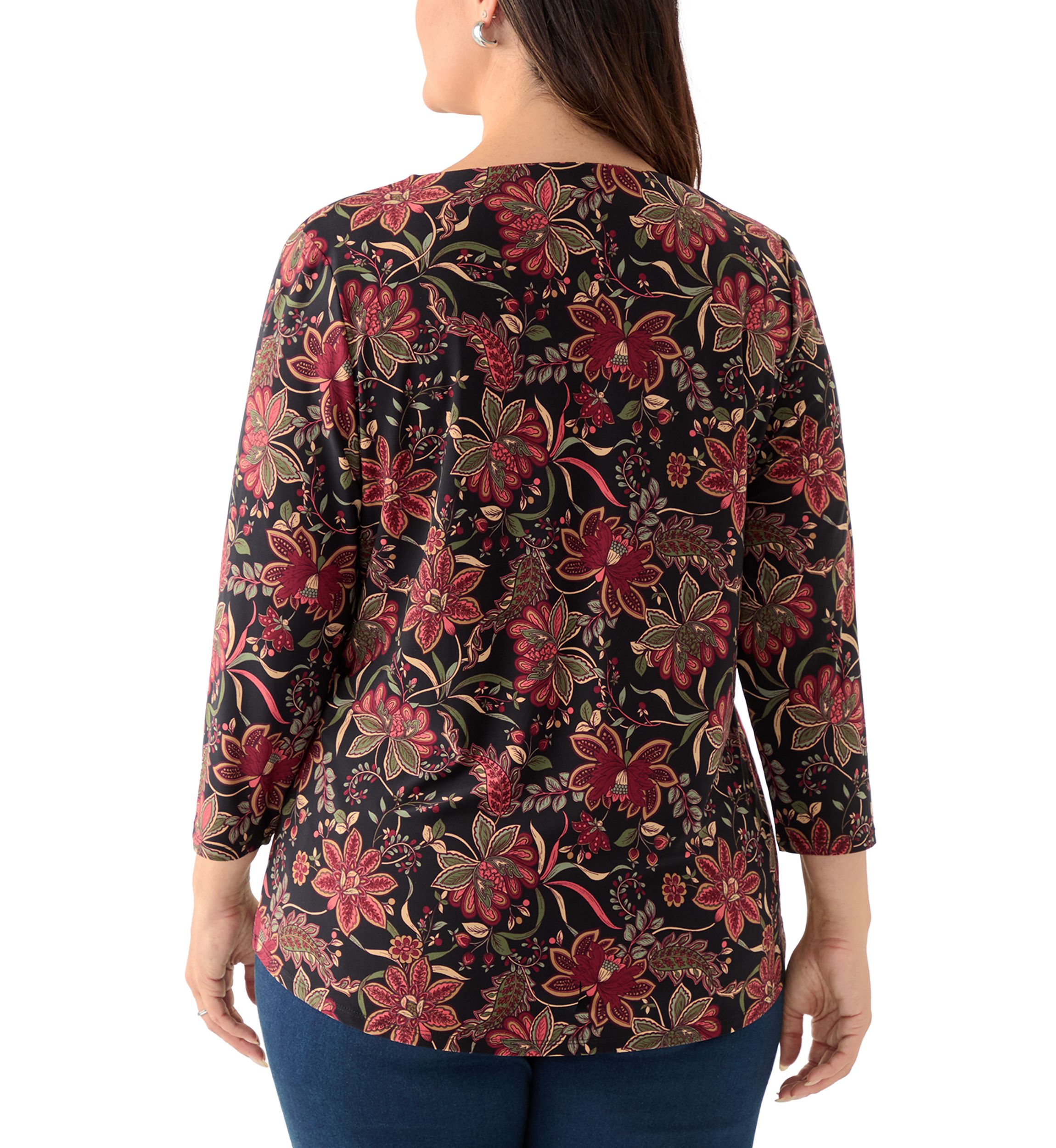 Plus Size Printed 3/4 Sleeve V-Neck Top with Trim