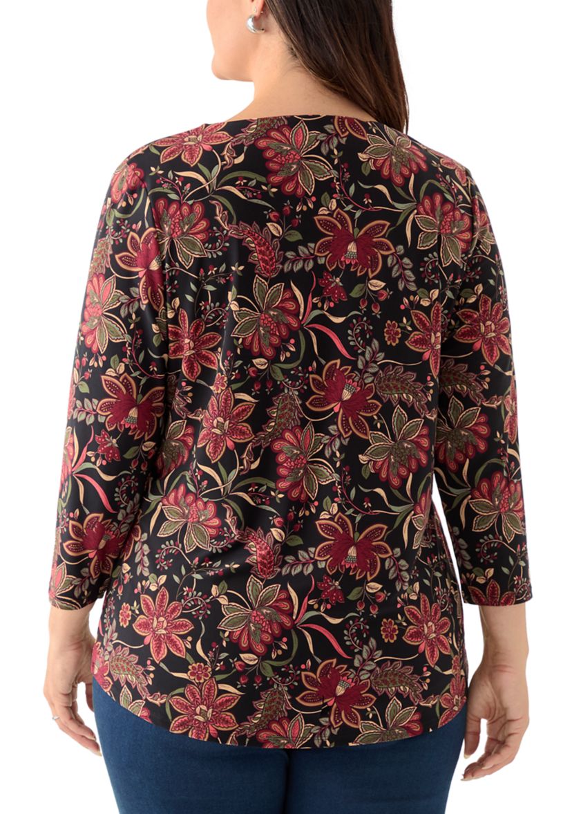 Plus Size Printed 3/4 Sleeve V-Neck Top with Trim