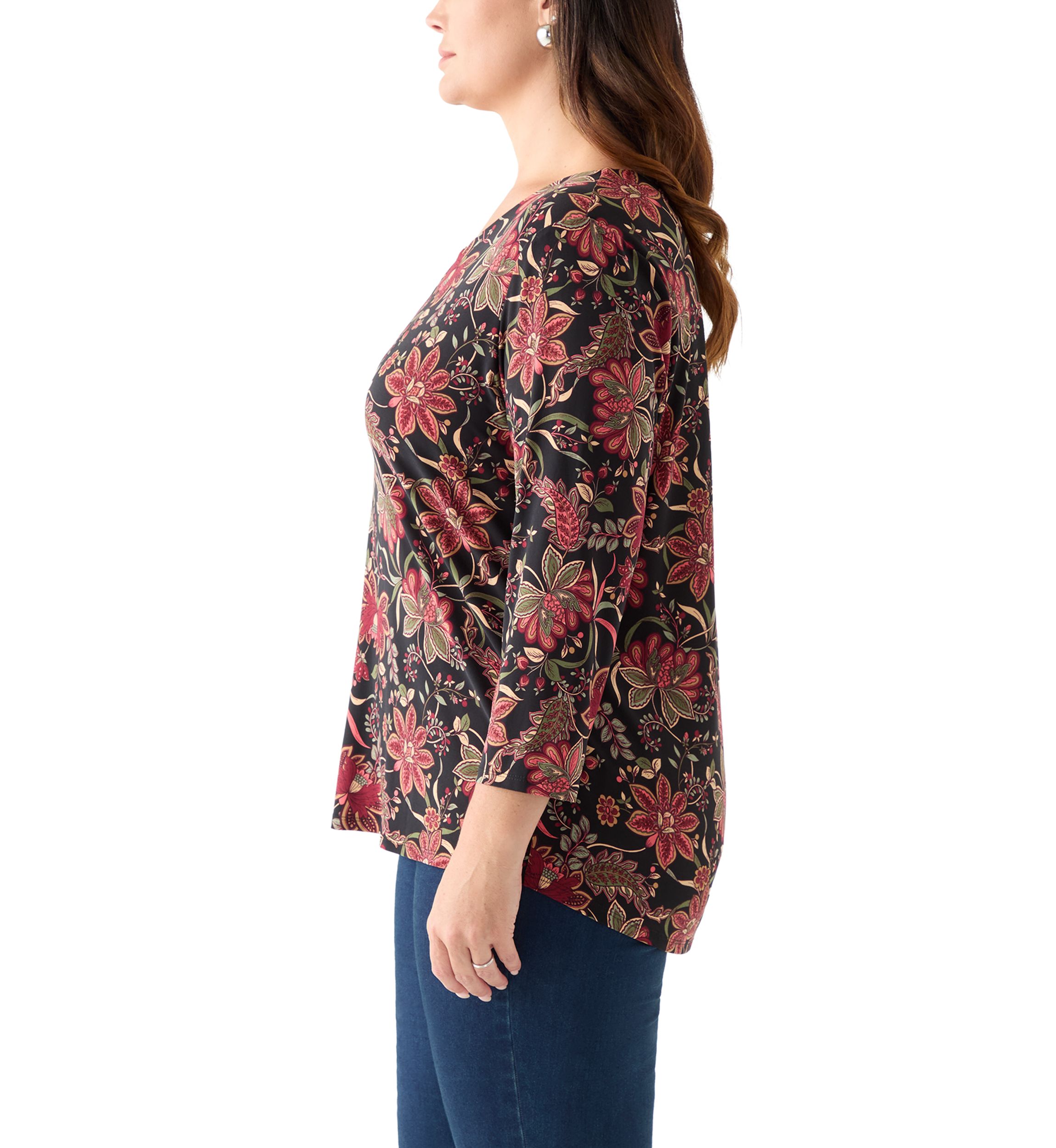 Plus Size Printed 3/4 Sleeve V-Neck Top with Trim