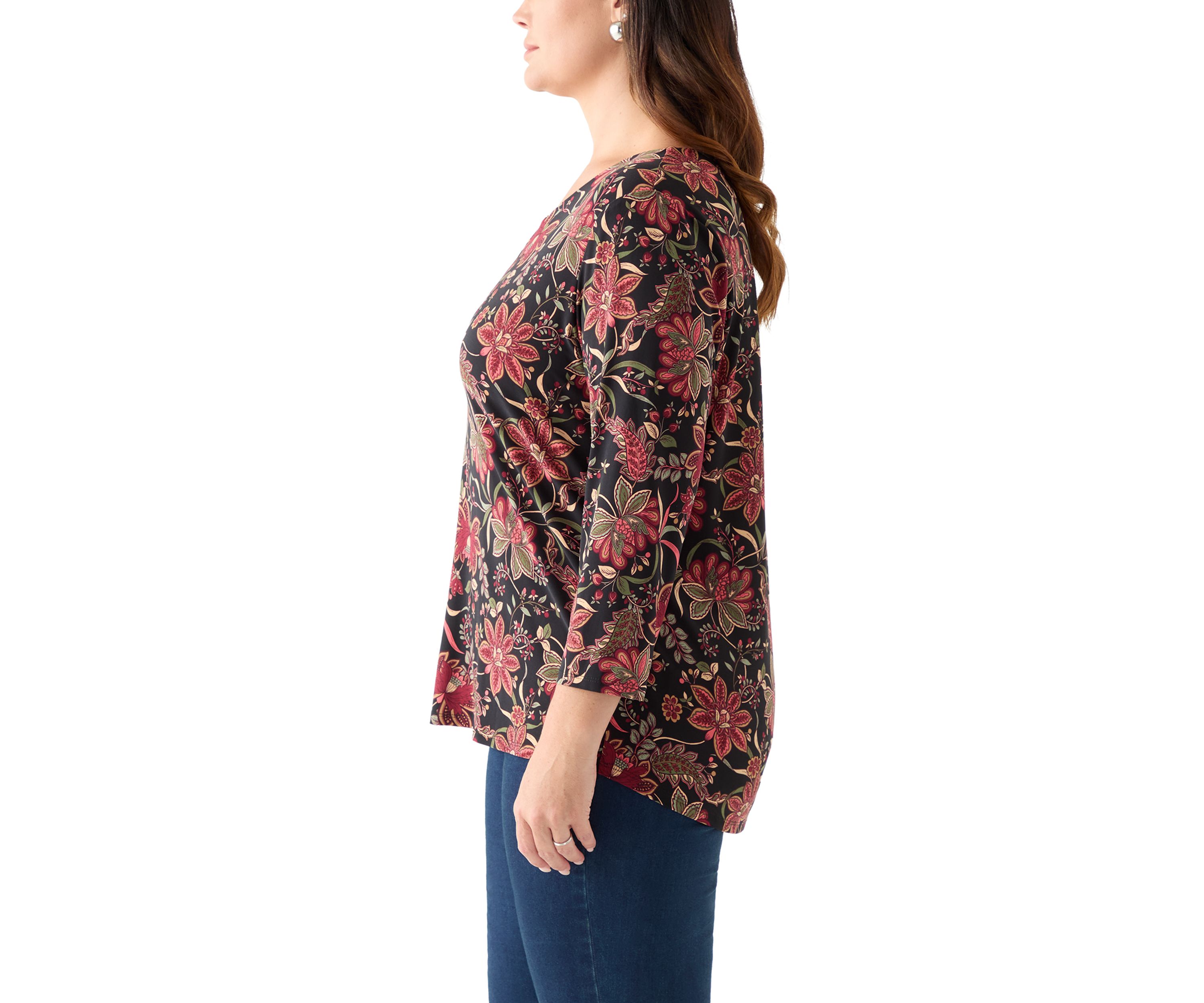 Plus Size Printed 3/4 Sleeve V-Neck Top with Trim