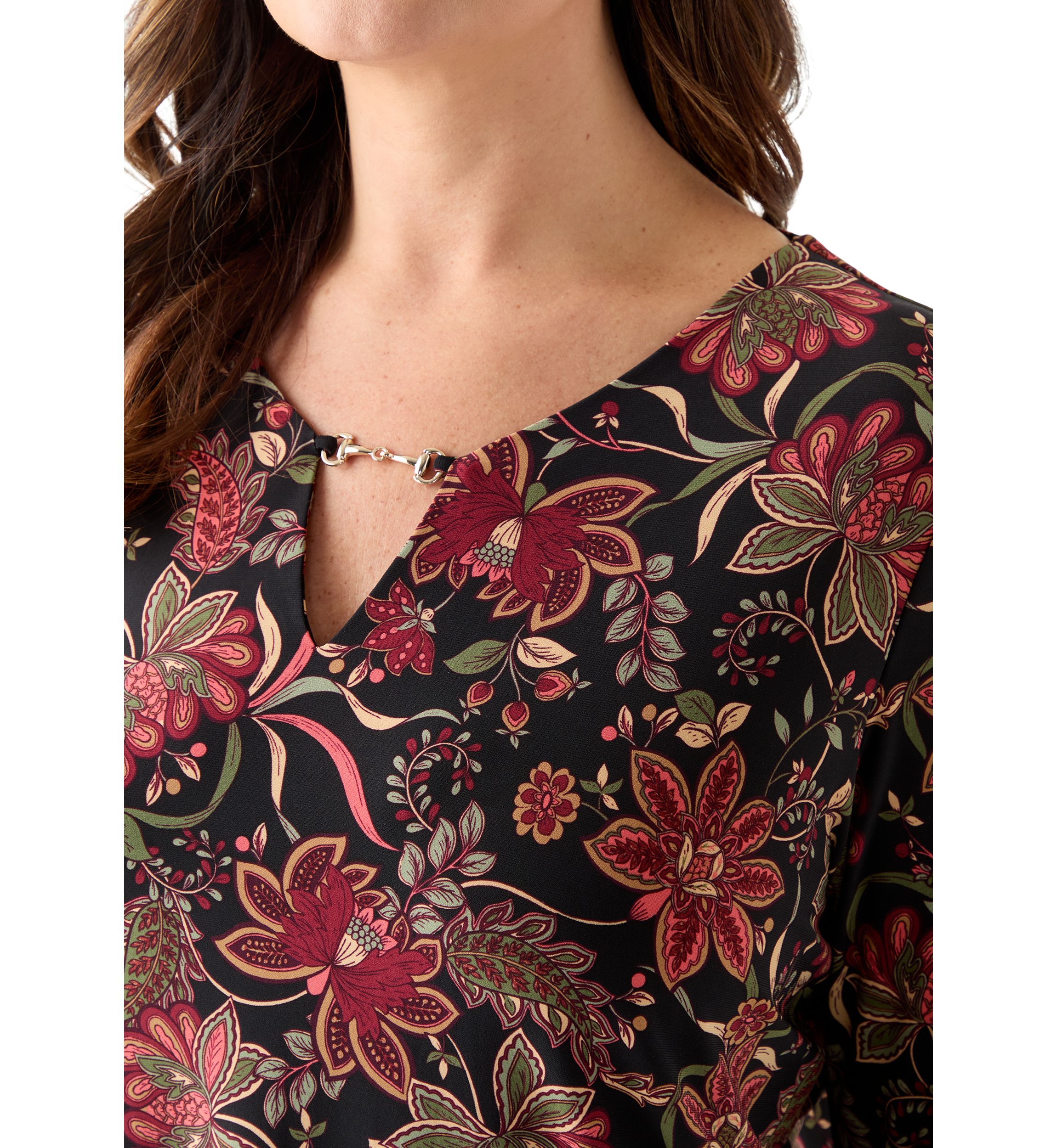 Plus Size Printed 3/4 Sleeve V-Neck Top with Trim