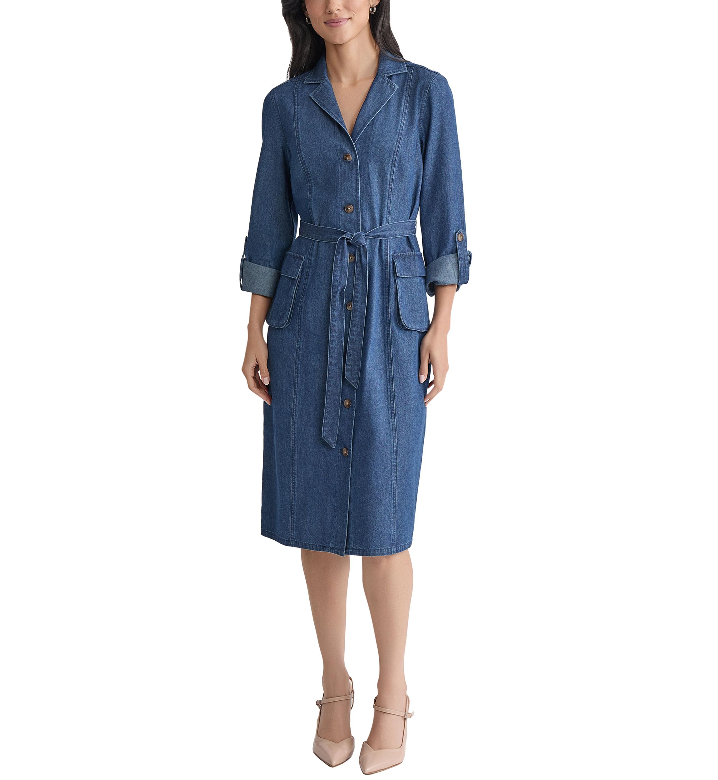 Petite Midi Shirt Dress with Cargo Pockets - Dark Wash 