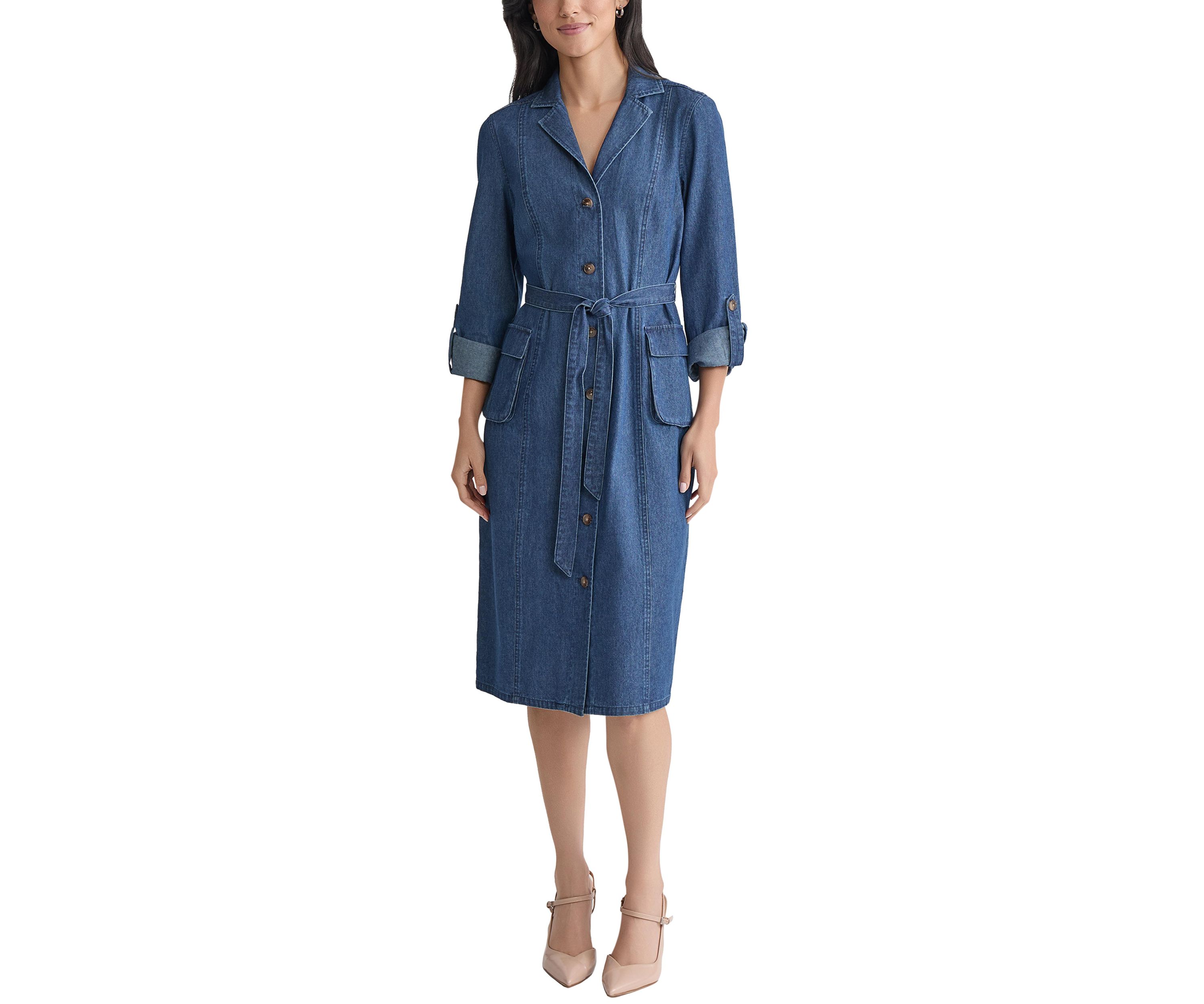 Petite Midi Shirt Dress with Cargo Pockets - Dark Wash 