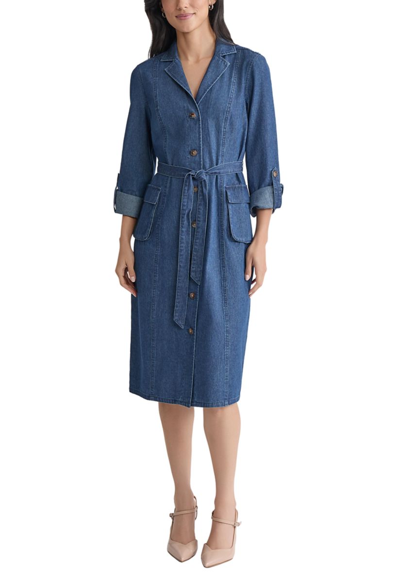 Petite Midi Shirt Dress with Cargo Pockets - Dark Wash 