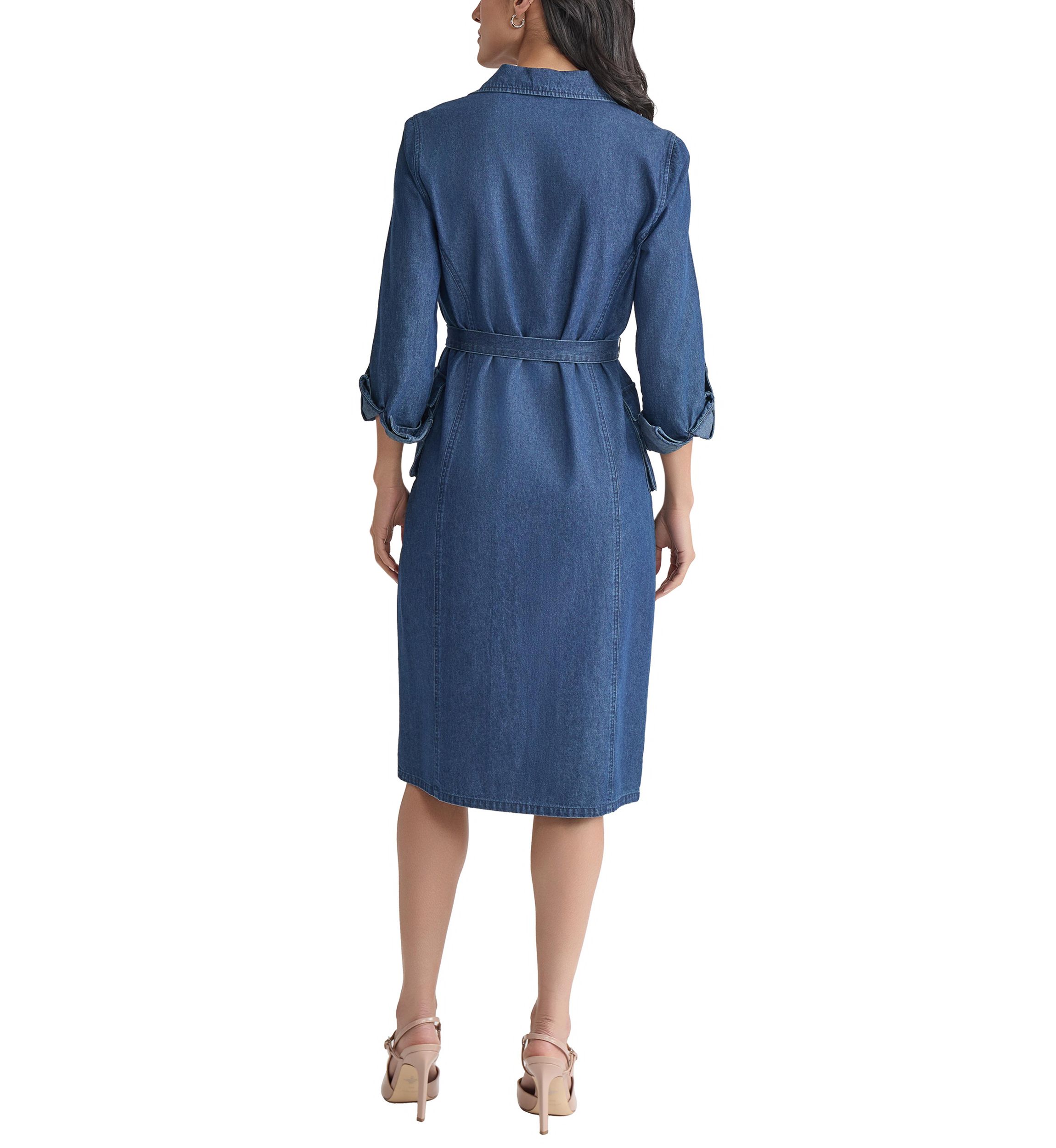 Petite Midi Shirt Dress with Cargo Pockets - Dark Wash 