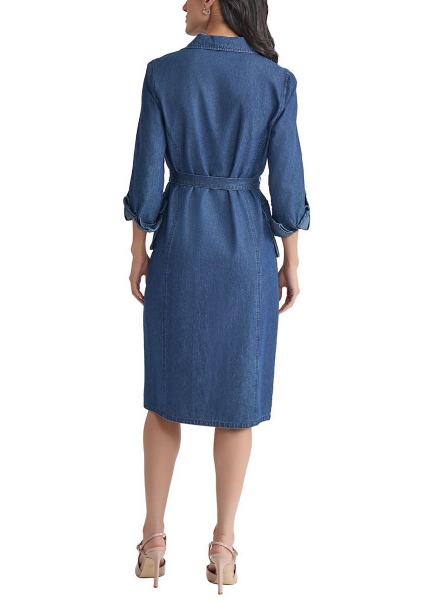 Petite Midi Shirt Dress with Cargo Pockets - Dark Wash 