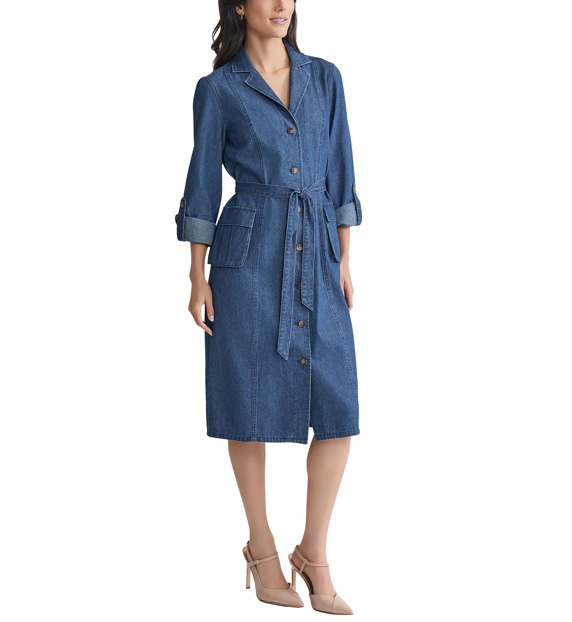 Petite Midi Shirt Dress with Cargo Pockets - Dark Wash 