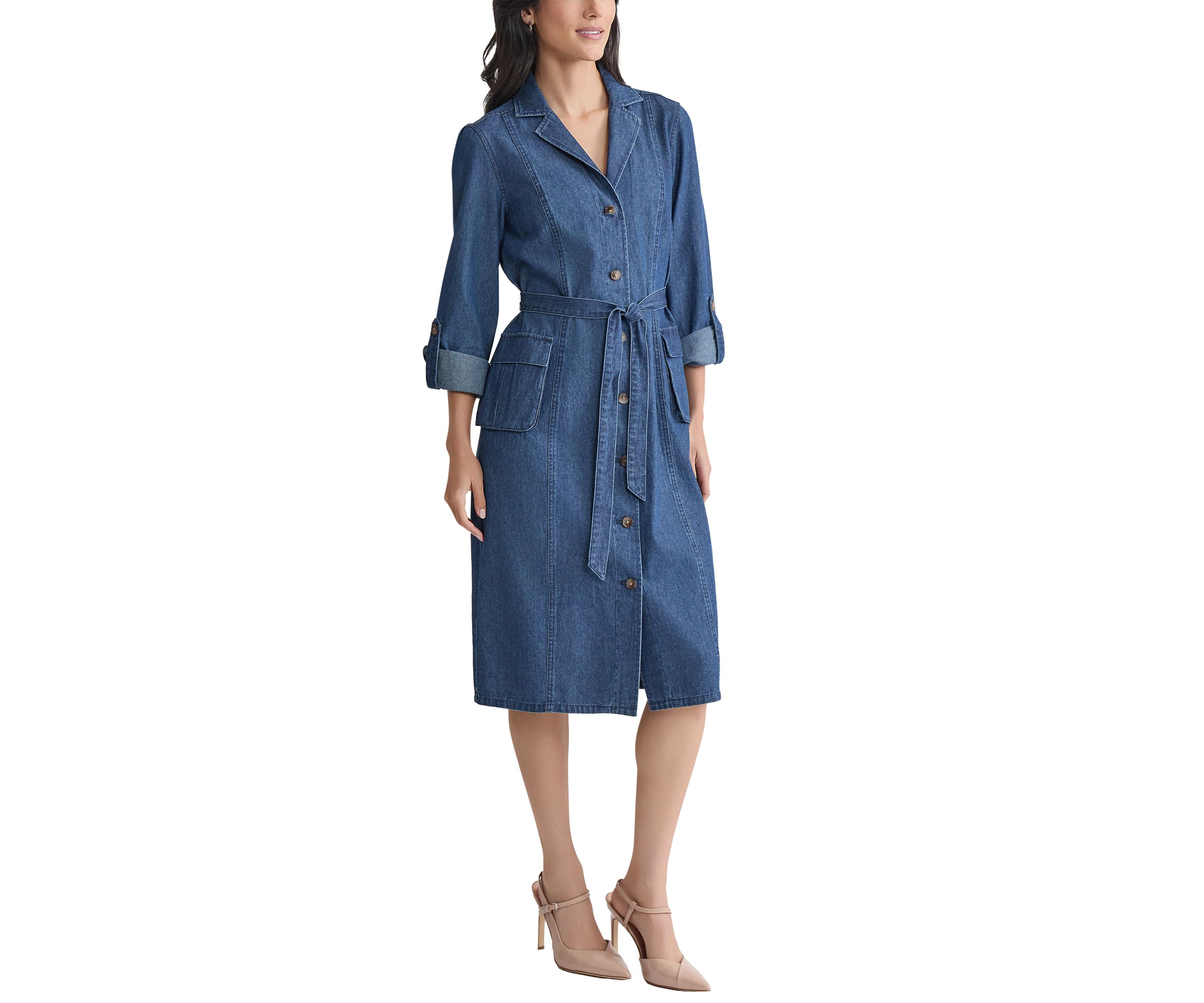 Petite Midi Shirt Dress with Cargo Pockets - Dark Wash 
