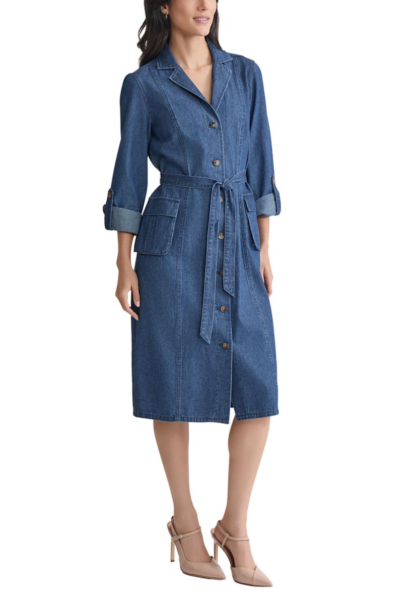 Petite Midi Shirt Dress with Cargo Pockets - Dark Wash 