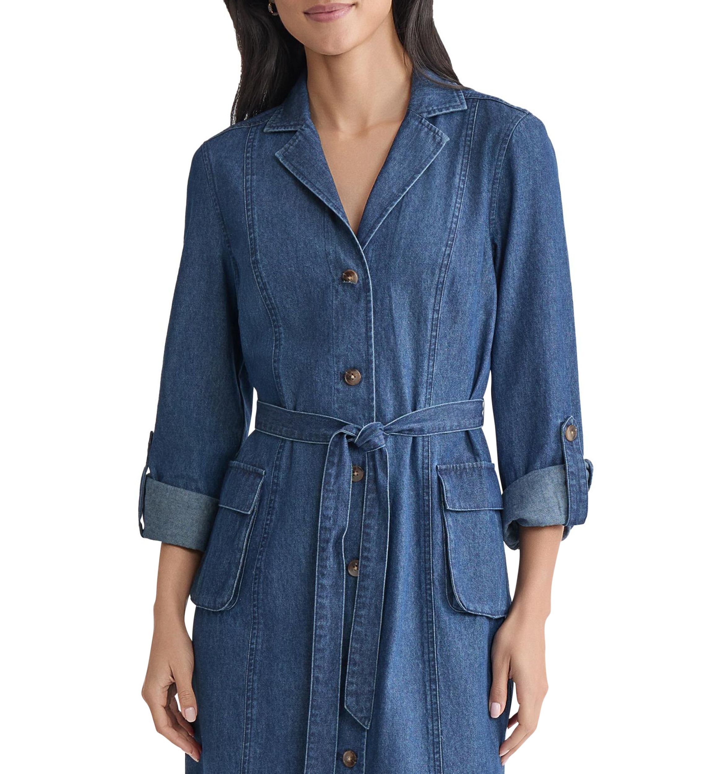 Petite Midi Shirt Dress with Cargo Pockets - Dark Wash 