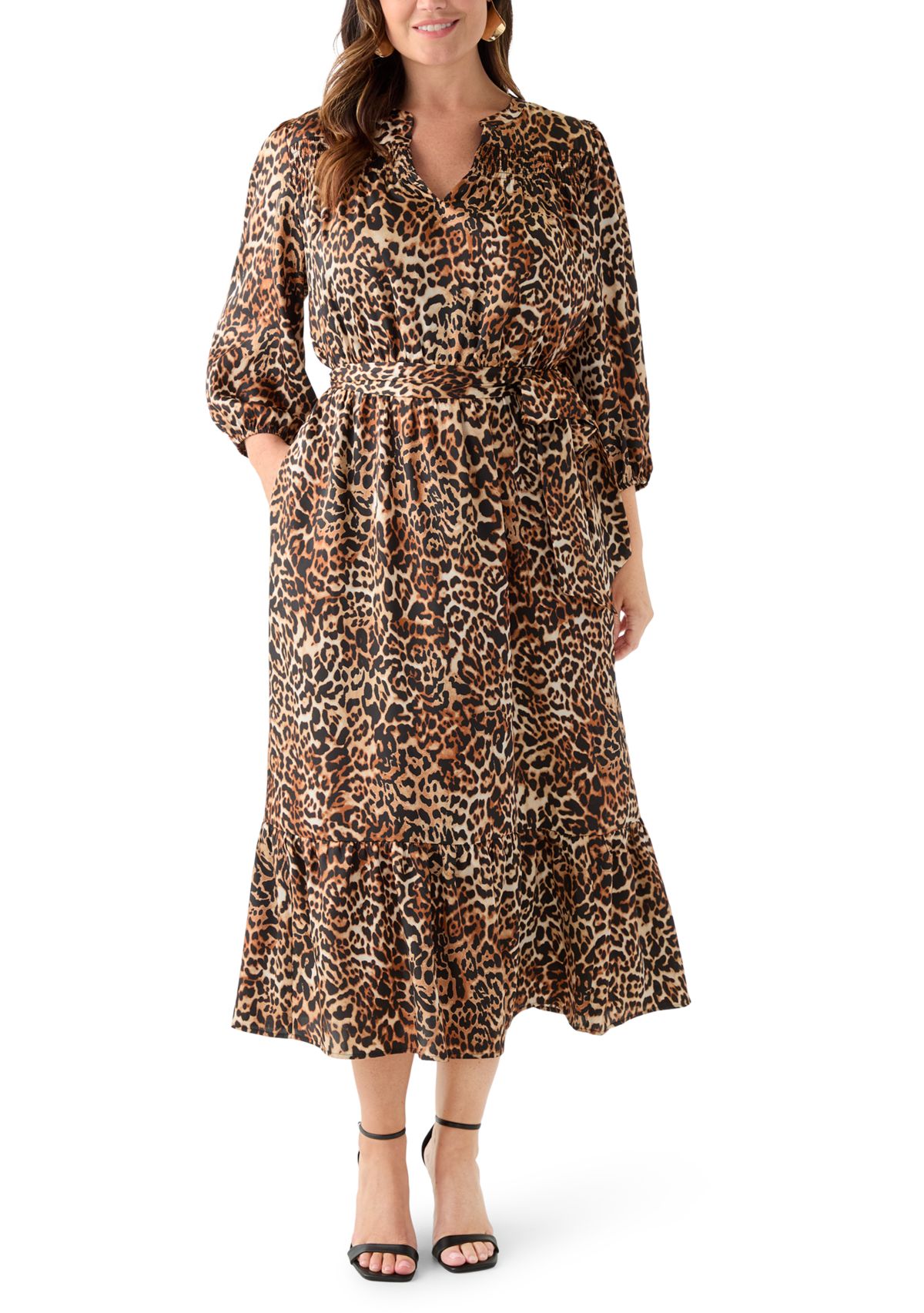 Womens 3/4 Sleeve Printed Chiffon Shirt Dress