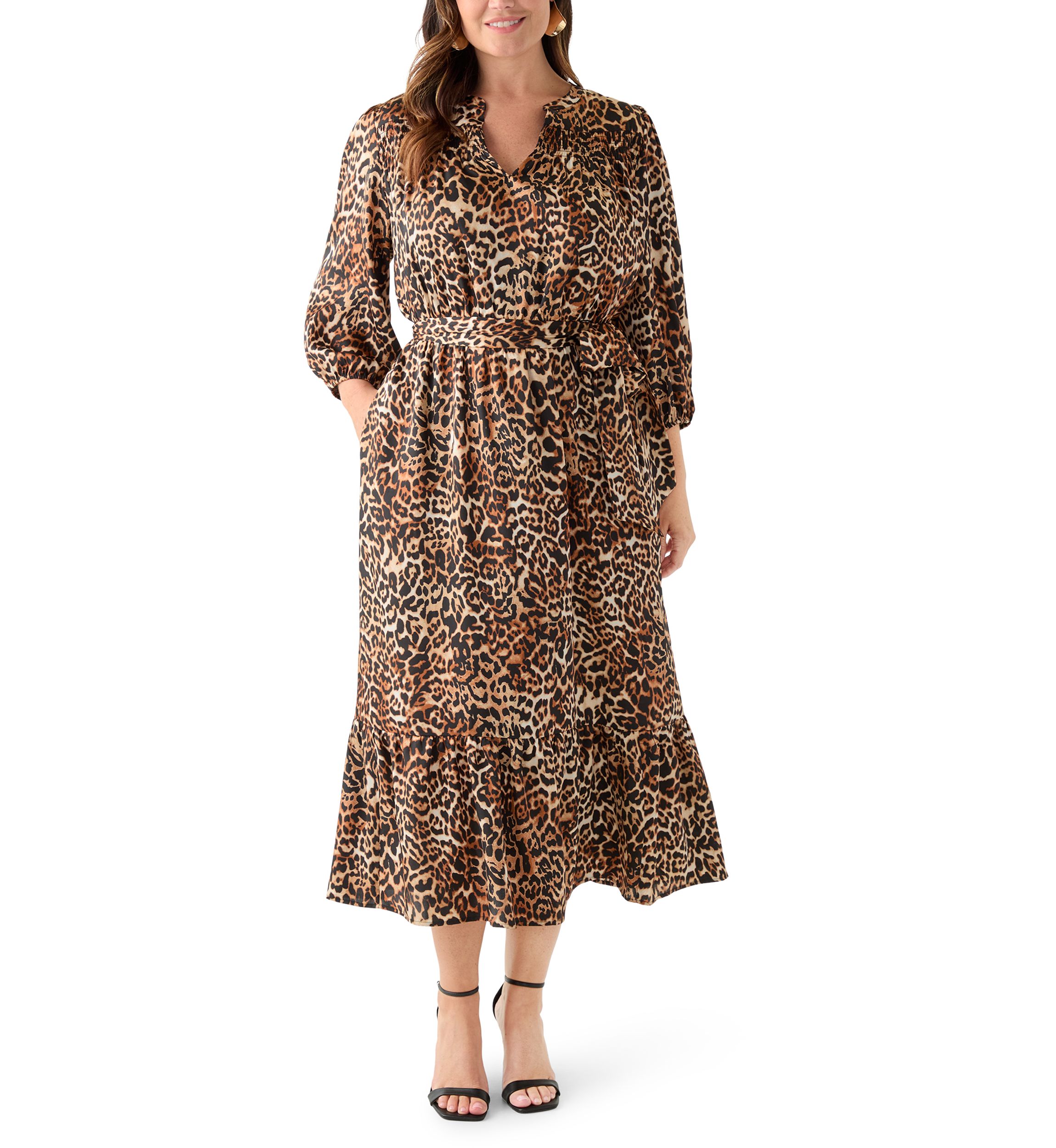 Womens 3/4 Sleeve Printed Chiffon Shirt Dress