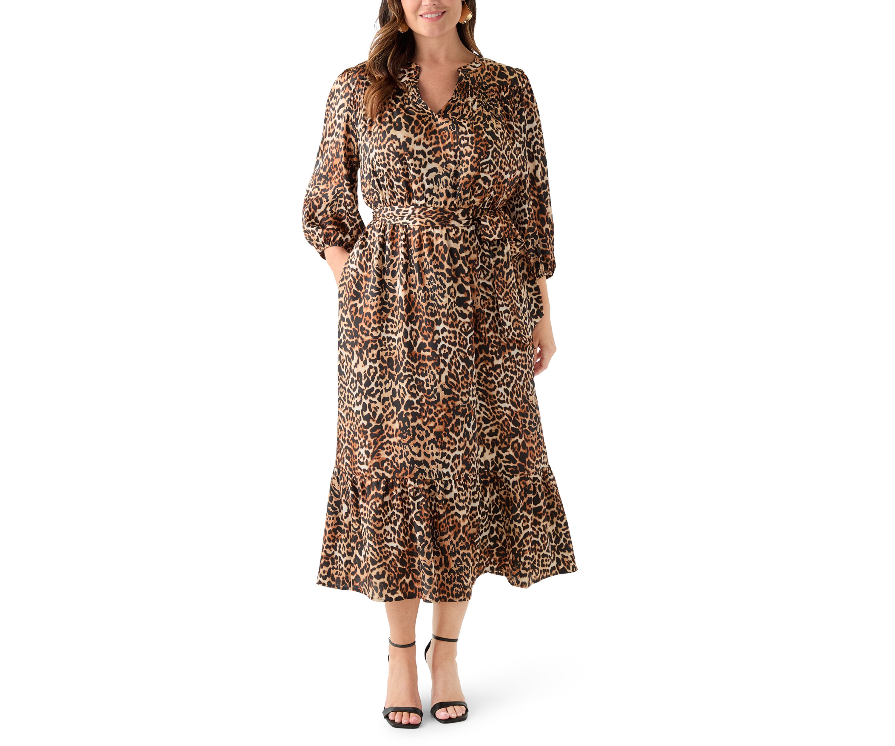 Womens 3/4 Sleeve Printed Chiffon Shirt Dress