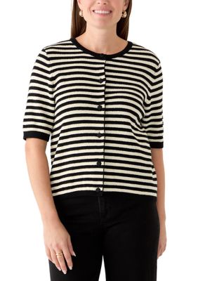 JONES NEW YORK Women's Petite Short Sleeve Textured Stripesd Cardigan