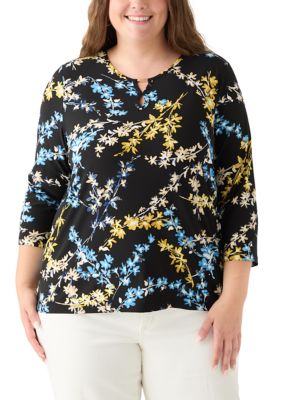 JONES NEW YORK Women's Plus Size 3/4 Sleeve Printed Keyhole Top, Black, 3X