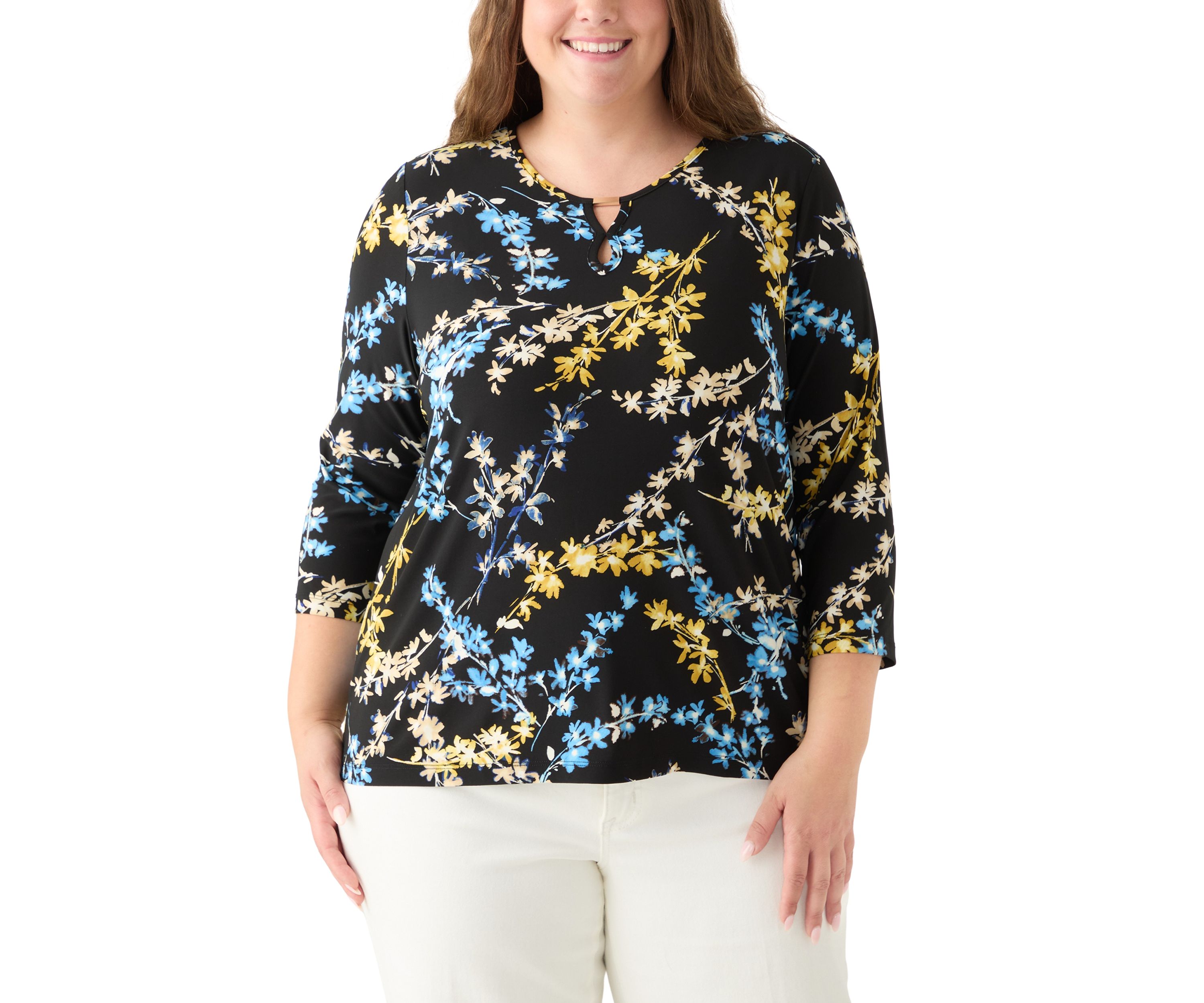 Plus Size 3/4 Sleeve Printed Keyhole Top