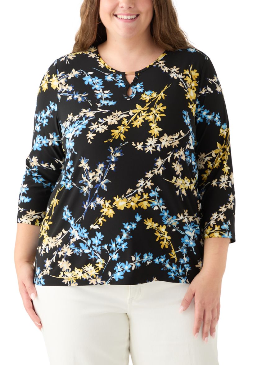 Plus Size 3/4 Sleeve Printed Keyhole Top